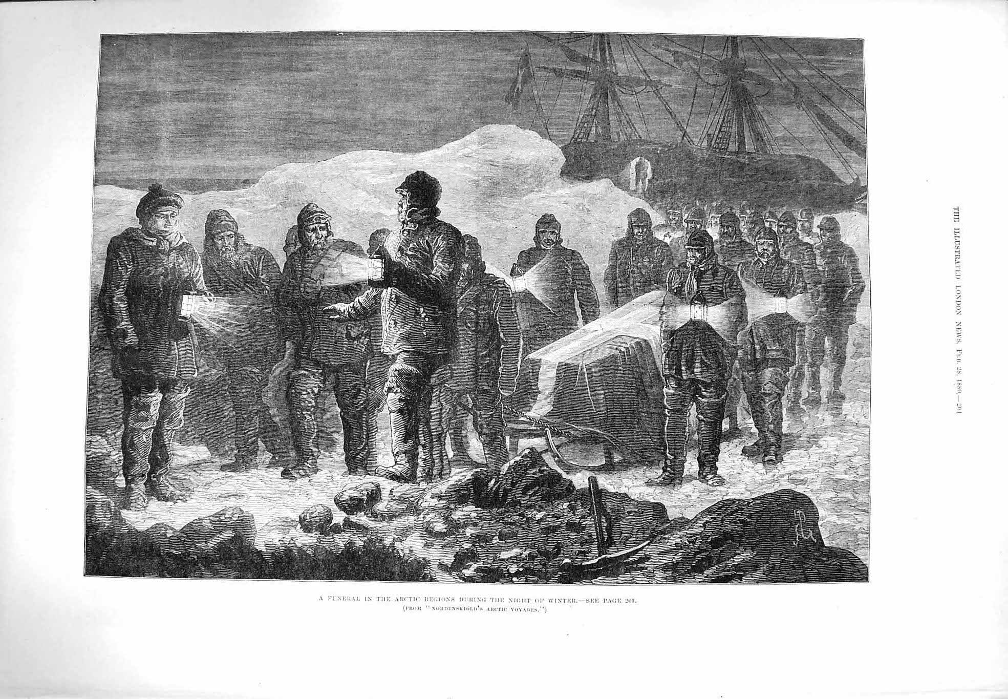 Original Old Antique Print 1880 Funeral Arctic Regions Winter NordenskiShip