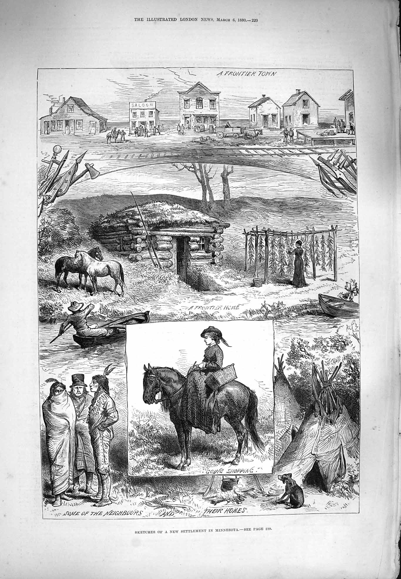 Original Old Antique Print 1880 Settlement Minnesota Frontier Town Camp Horses