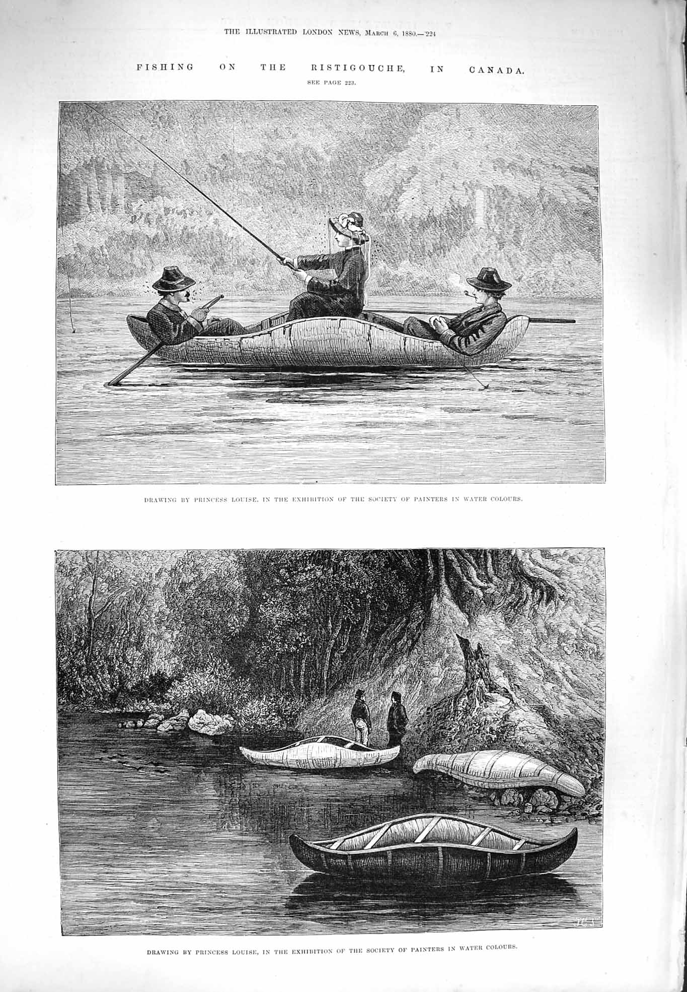 Original Old Antique Print 1880 Fishing Ristigouche Canada River Boat Louise