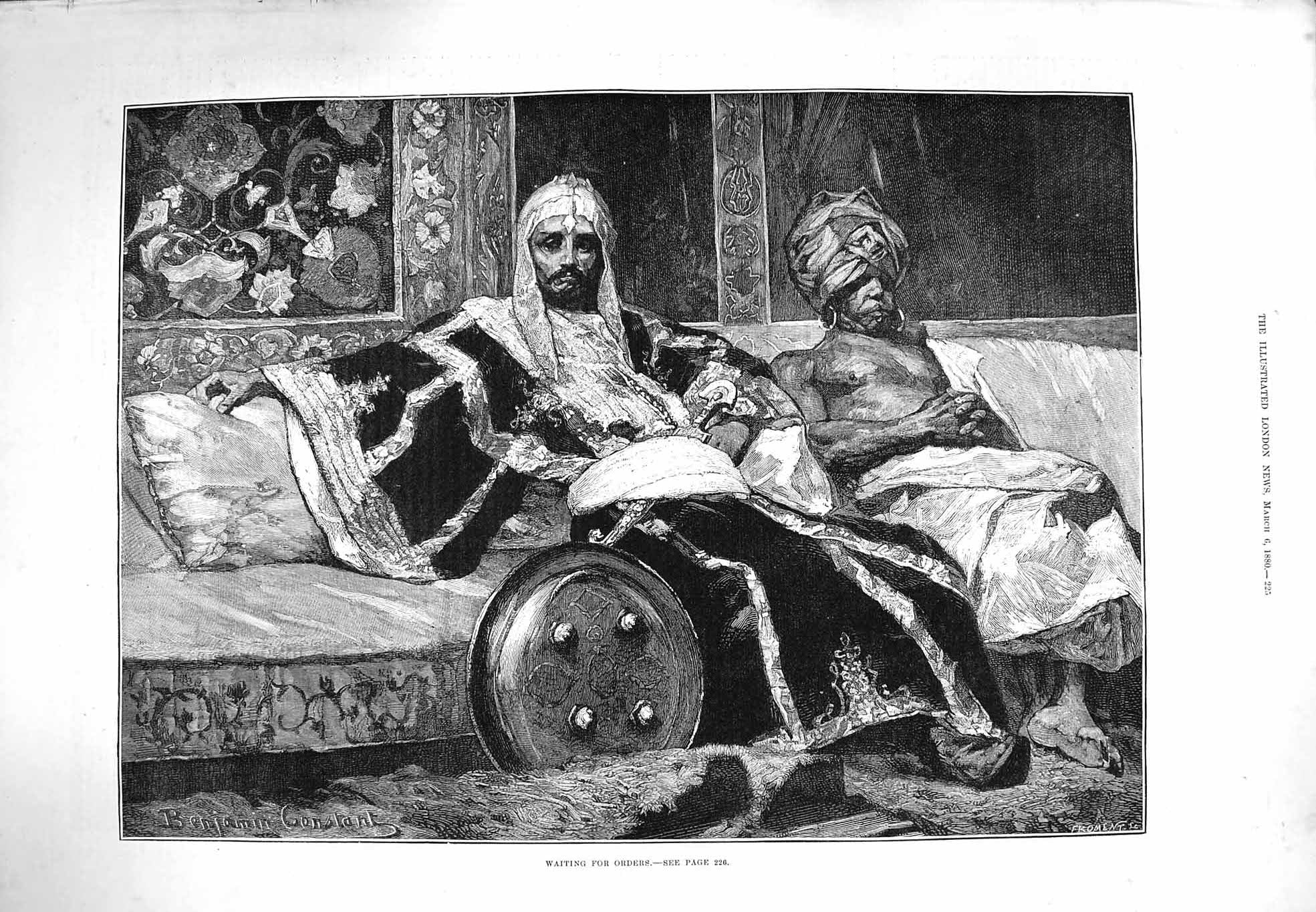 Original Old Antique Print 1880 Waiting For Orders Servant Men Fine Art 19th