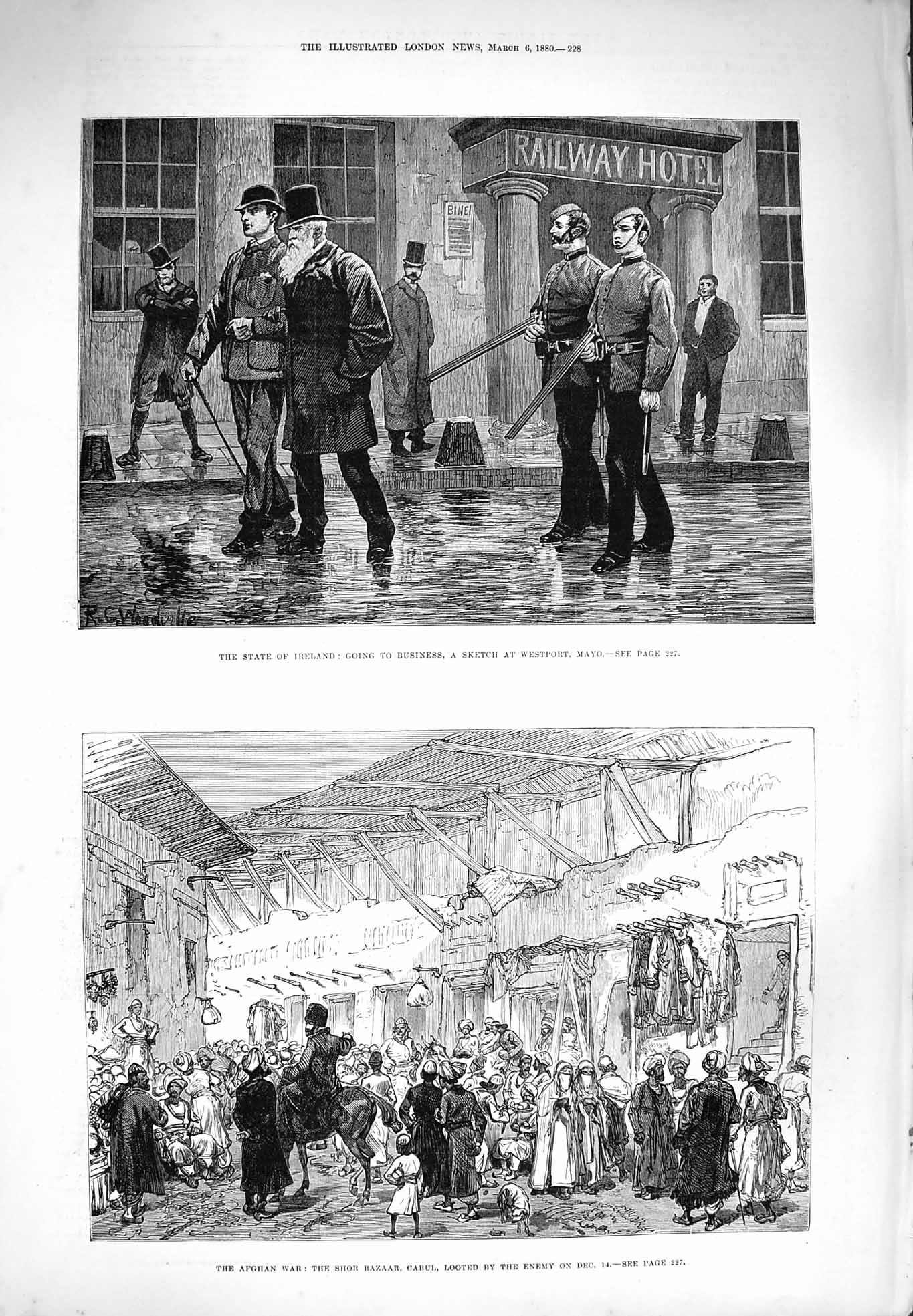 Old Antique Print 1880 Ireland Westport Mayo Afghan War Shor Bazaar Cabul 19th