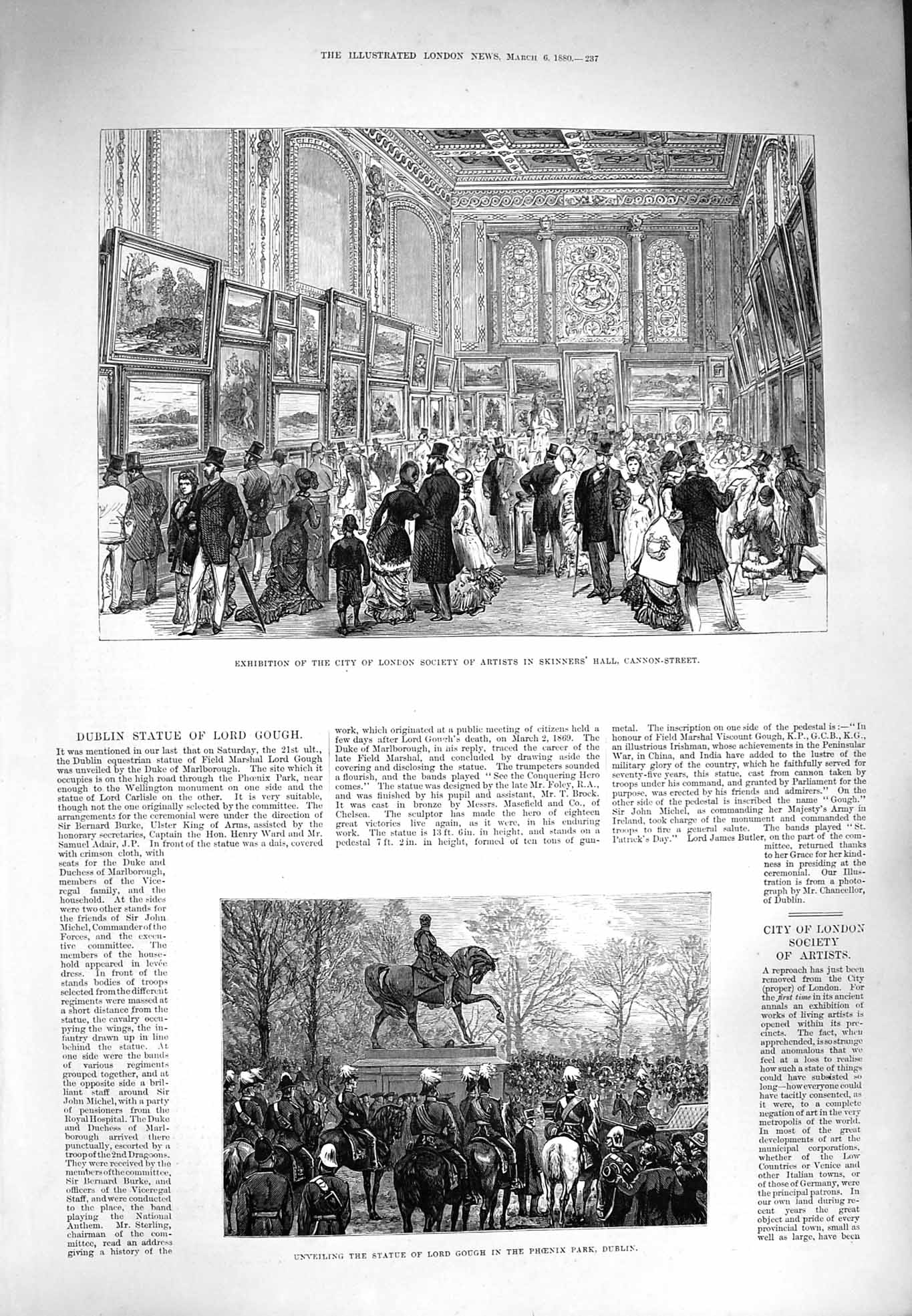 Original Old Antique Print 1880 Statue Lord Gough Dublin Artist Skinners Cannon