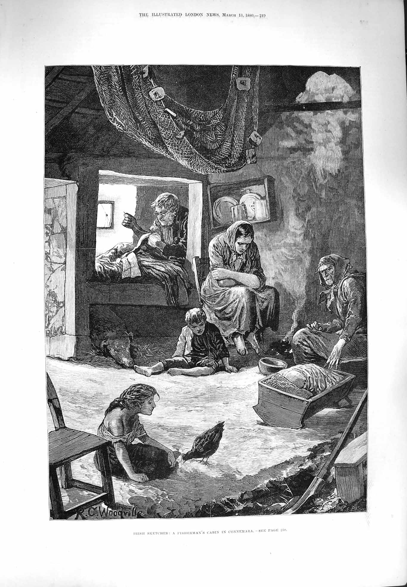 Original Old Antique Print 1880 Ireland Fisherman Cabin Connemara Family Home