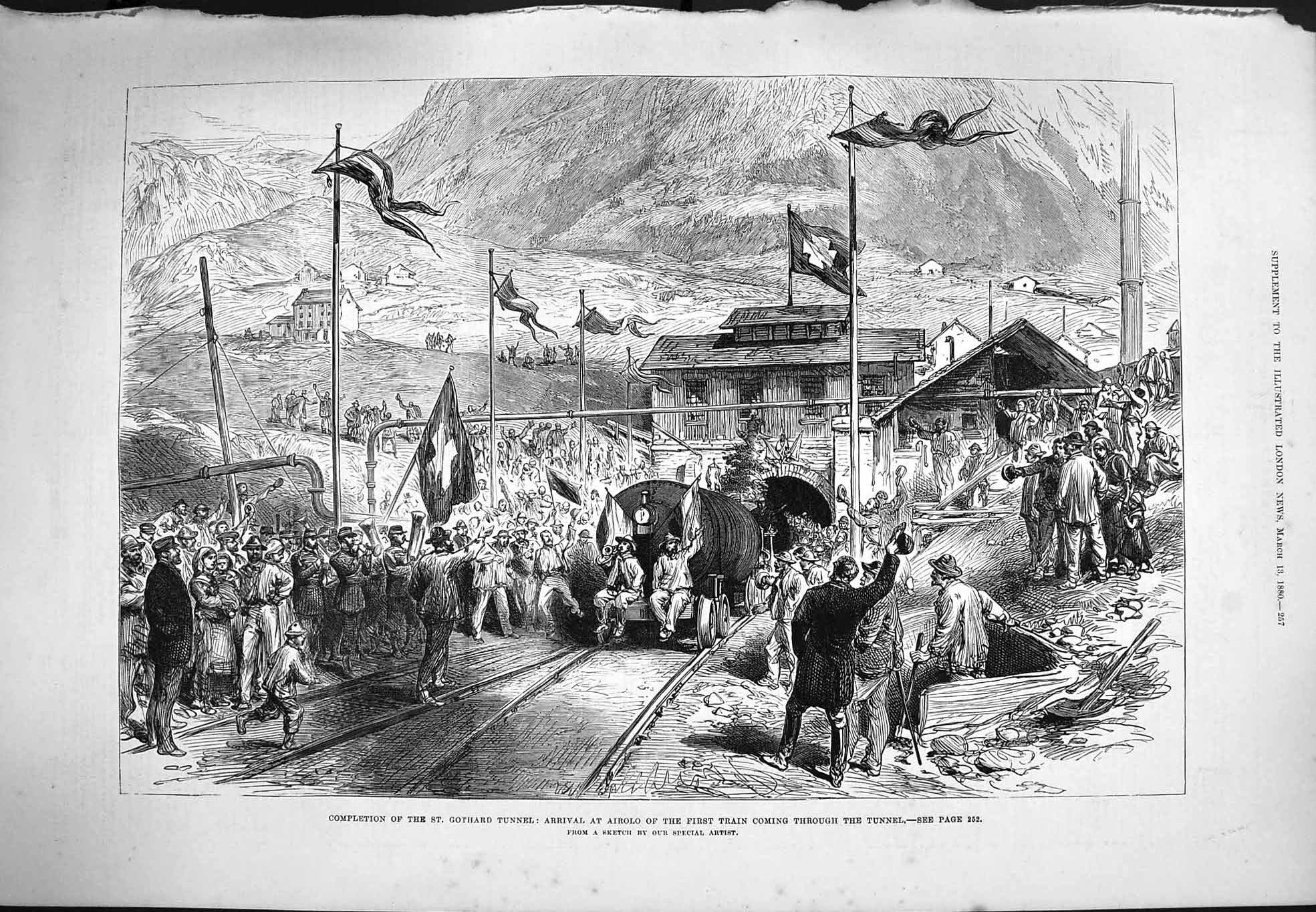 Original Old Antique Print 1880 St. Gothard Tunnel Airolo Train Railway 19th