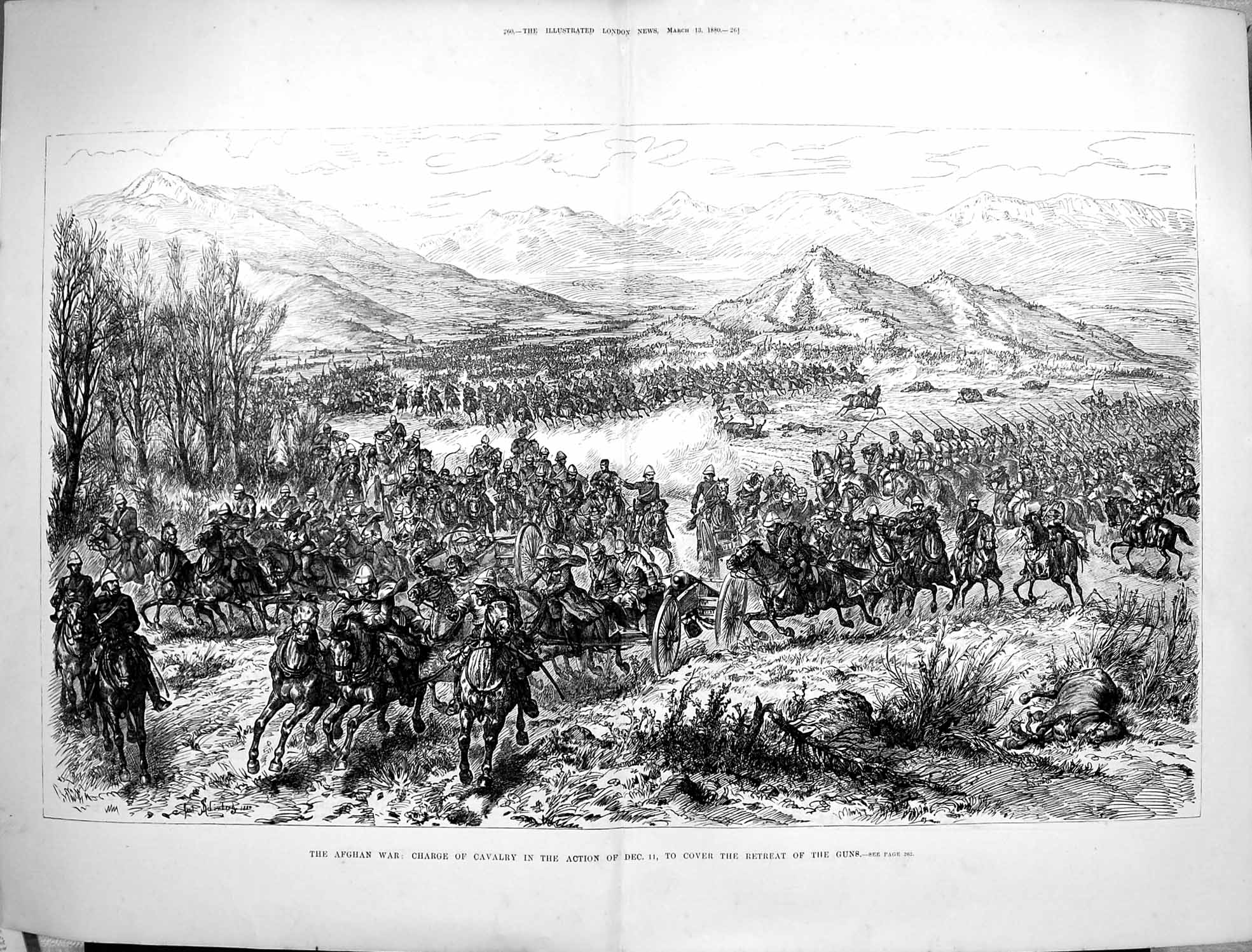 Original Old Antique Print 1880 Afghan War Charge Cavalry Guns Siers Horses