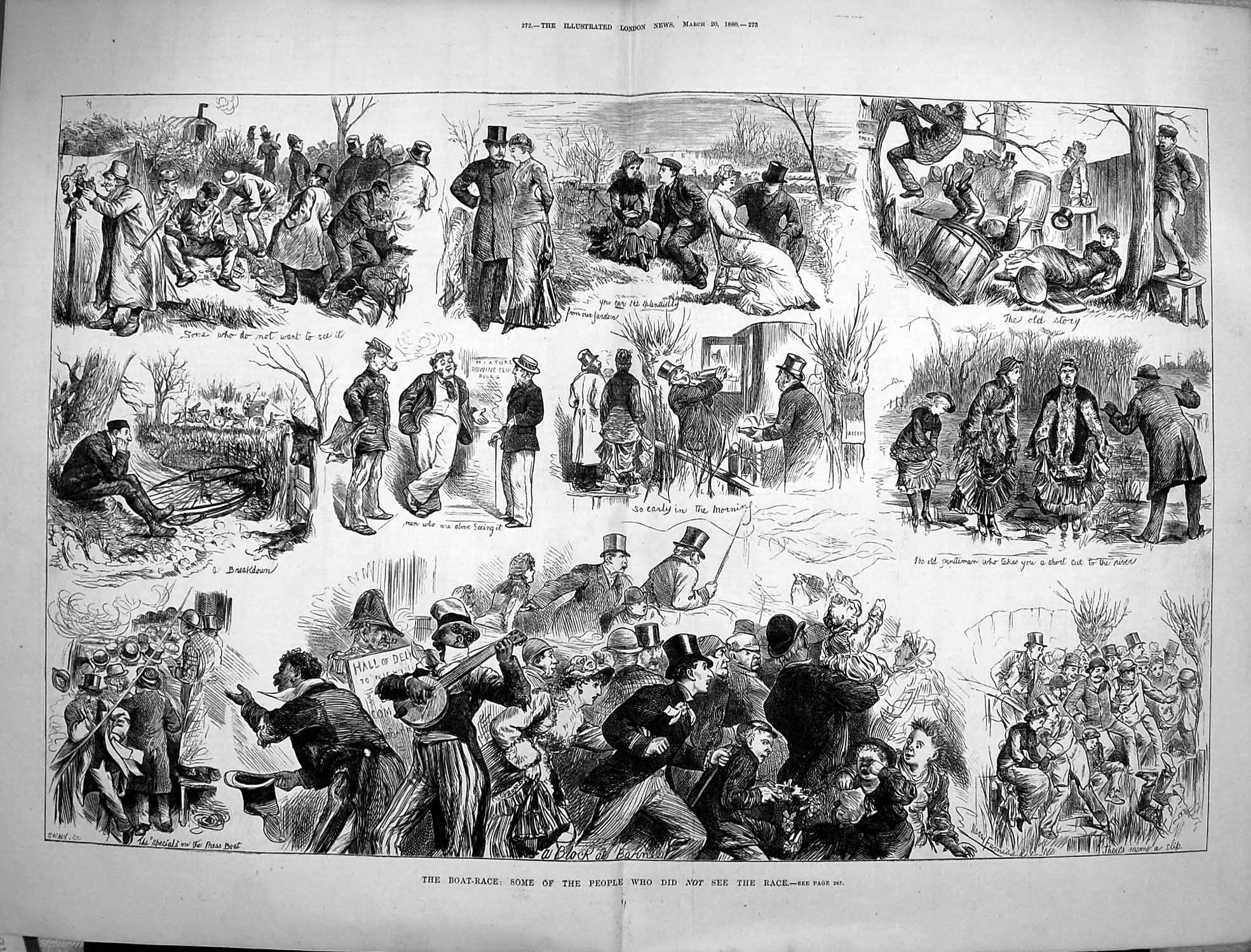 Original Old Antique Print 1880 Boat Race Some The People Who Did Not See 19th