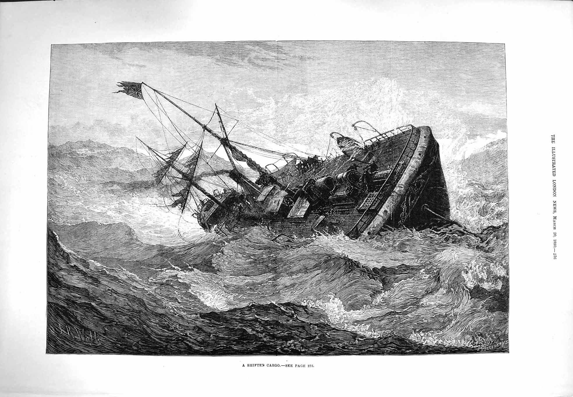 Original Old Antique Print 1880 Shifterd Cargo Ship Wreck Stormy Sea F Victorian