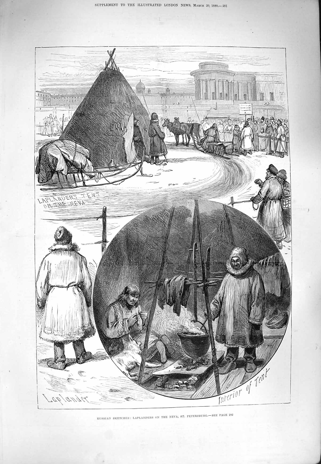 Old Antique Print 1880 Russia Laplanders Neva St. Petersburg Tent People 19th