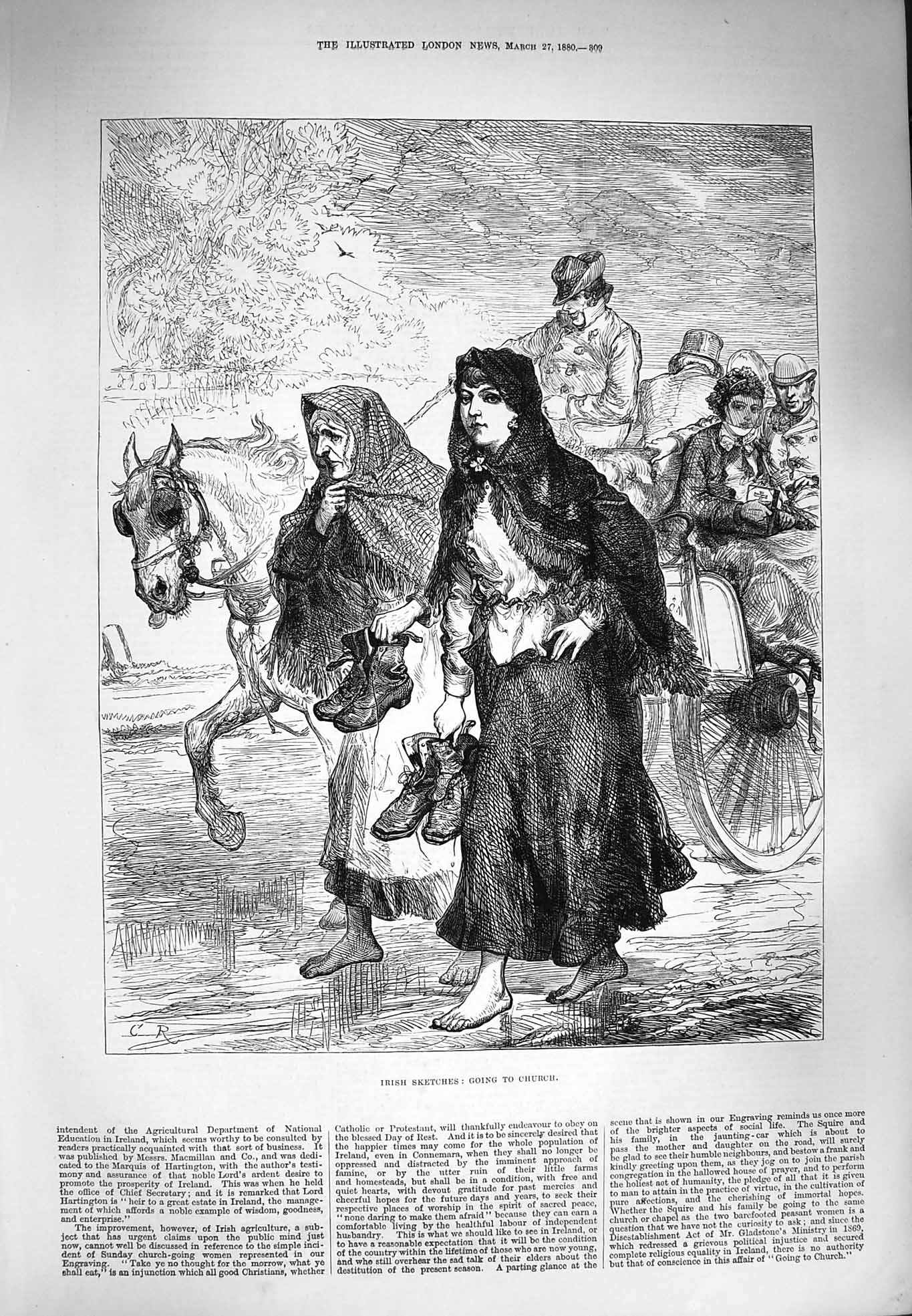 Old Antique Print 1880 Ireland Scene Families Going To Church Horse Coach 19th