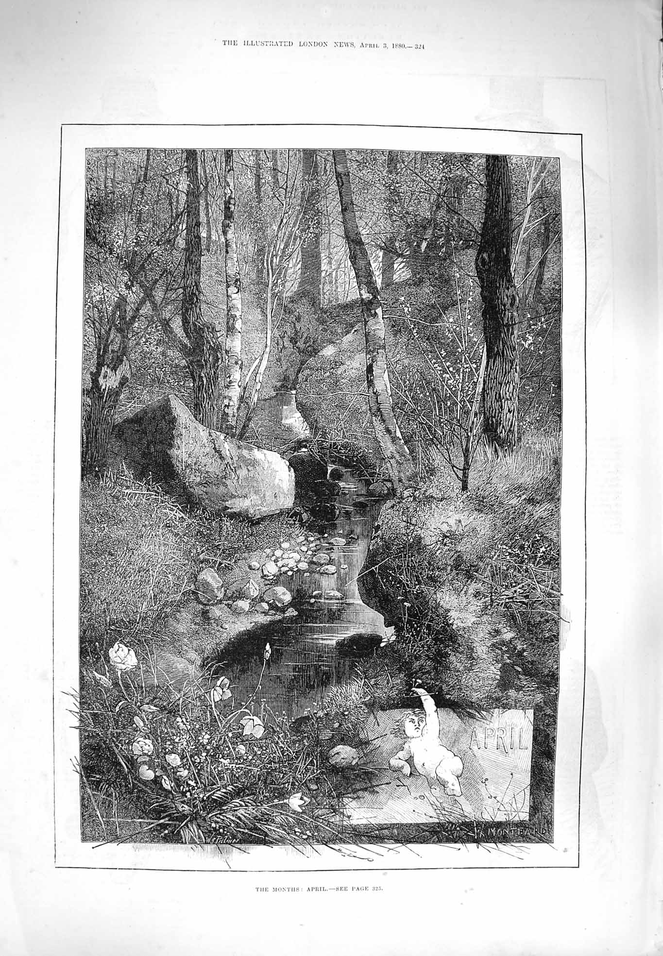 Original Old Antique Print 1880 View Month April Countryside Stream Trees 19th