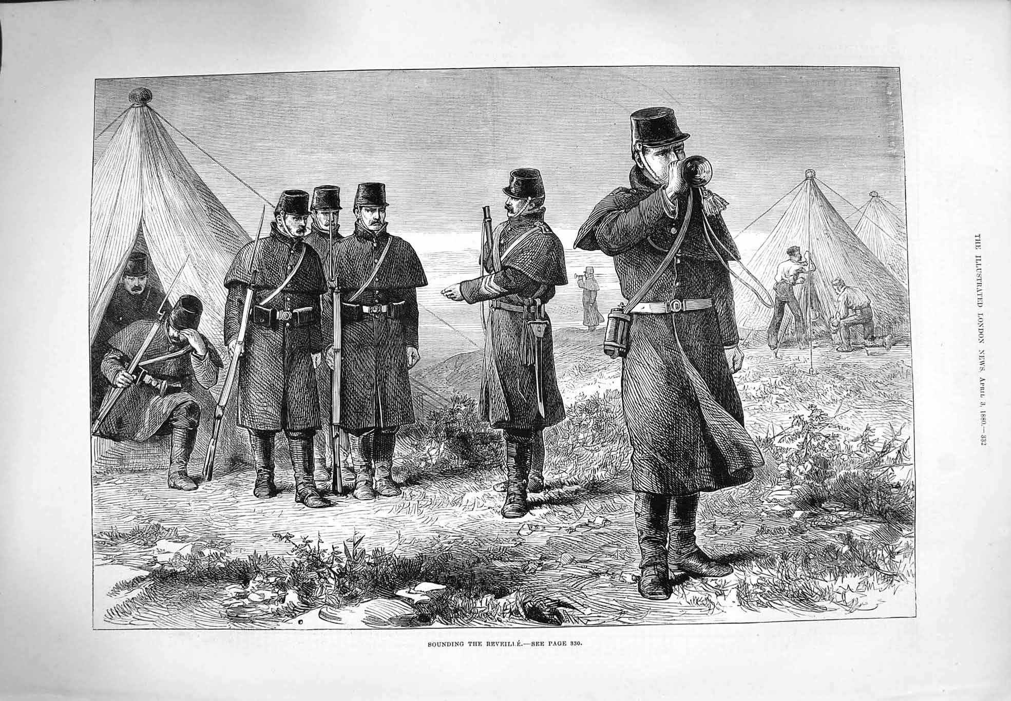 Original Old Antique Print 1880 Scene Sounding Reveille Music Horn Siers Camp