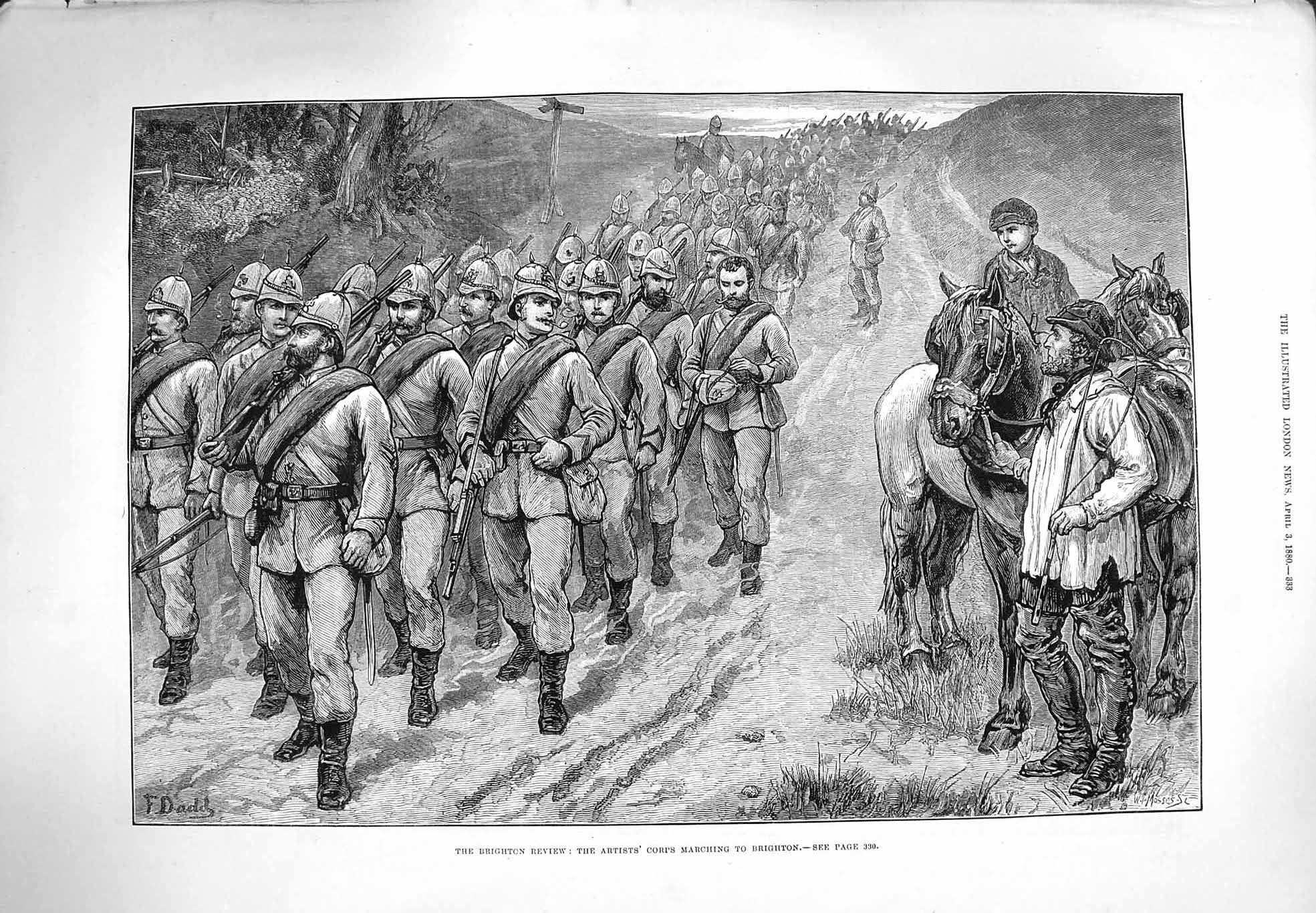 Original Old Antique Print 1880 Brighton Review War Siers Corps Marching 19th