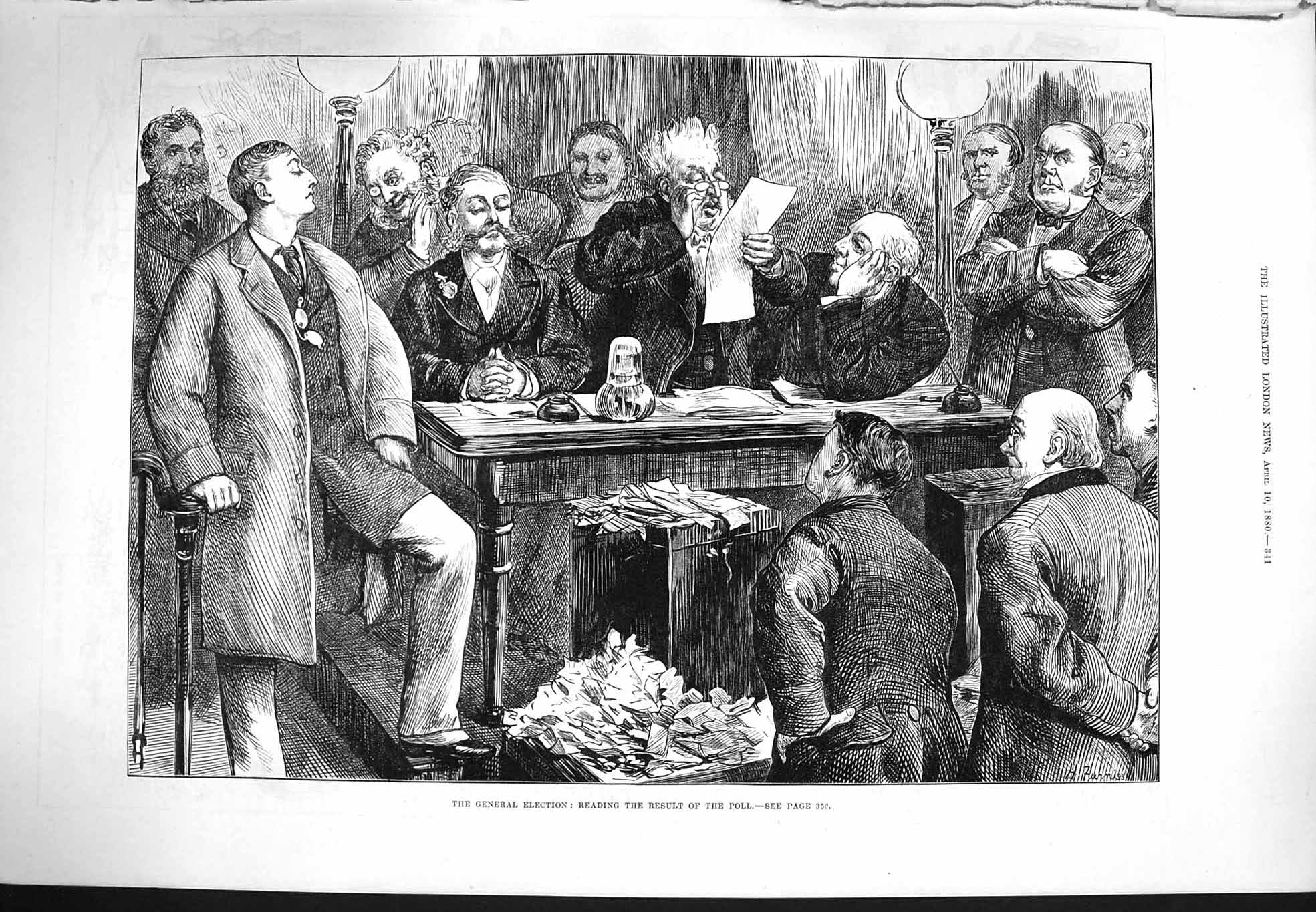Old Antique Print 1880 General Election Scene Reading Result Poll Voting 19th