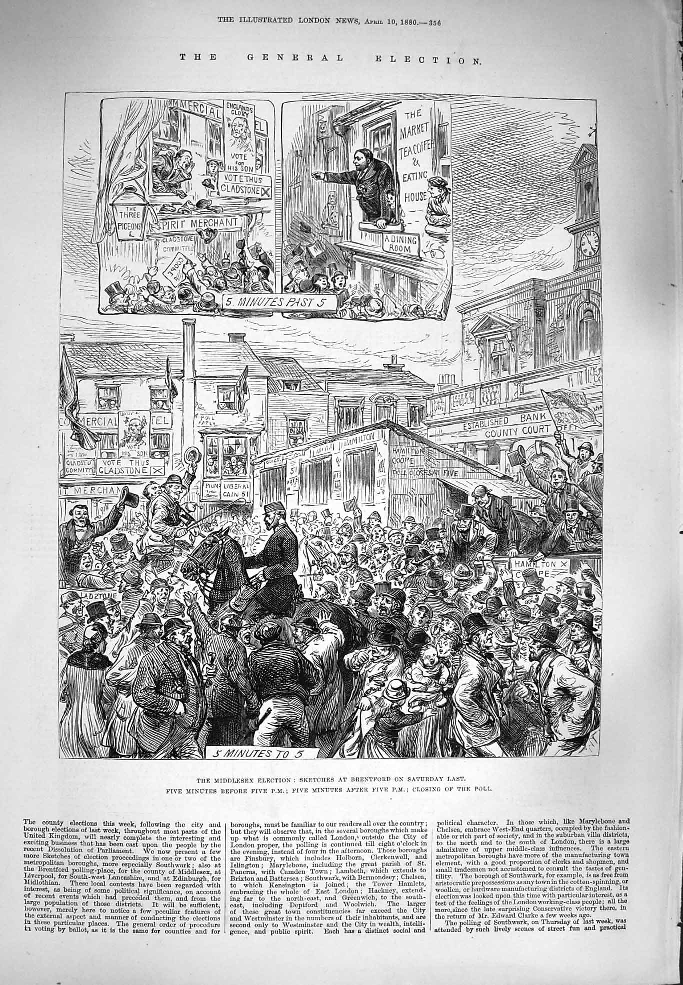 Original Old Antique Print 1880 General Election Middlesex Brentford Voting