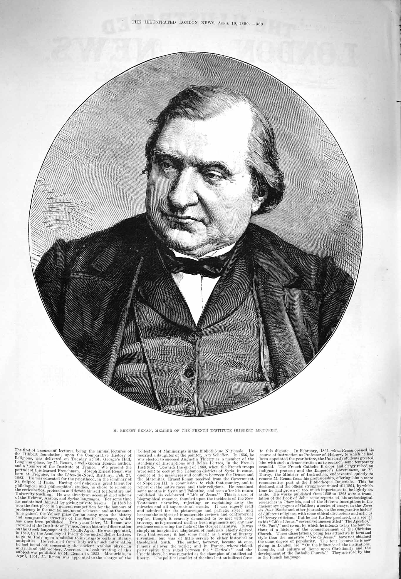 Original Old Antique Print 1880 Portrait Ernest Renan French Institute Hibbert