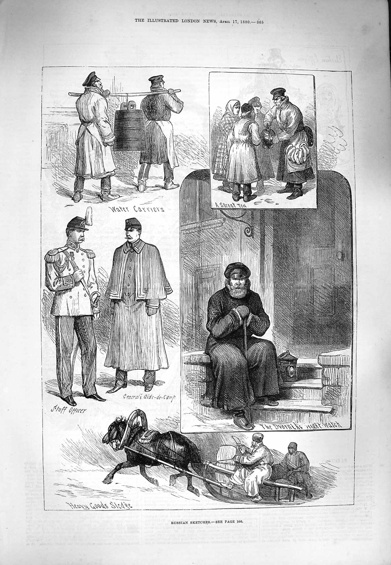 Old Antique Print 1880 Russia Water Carriers Horse Sledge Dvornik Watch 19th