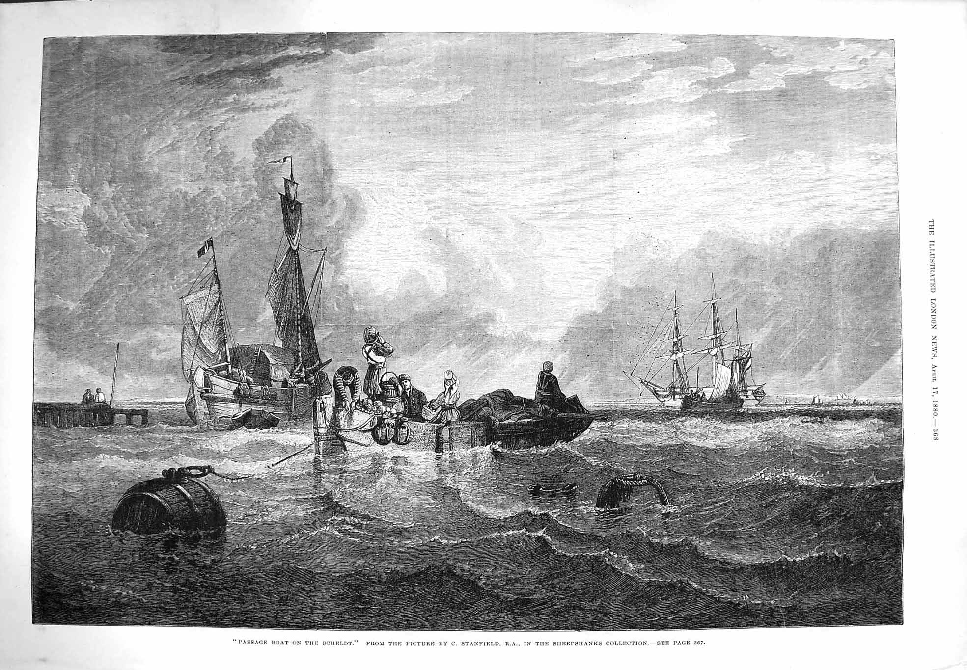 Old Antique Print 1880 Passage Boat Scheldt Ships Sea Stanfield Fine Art 19th