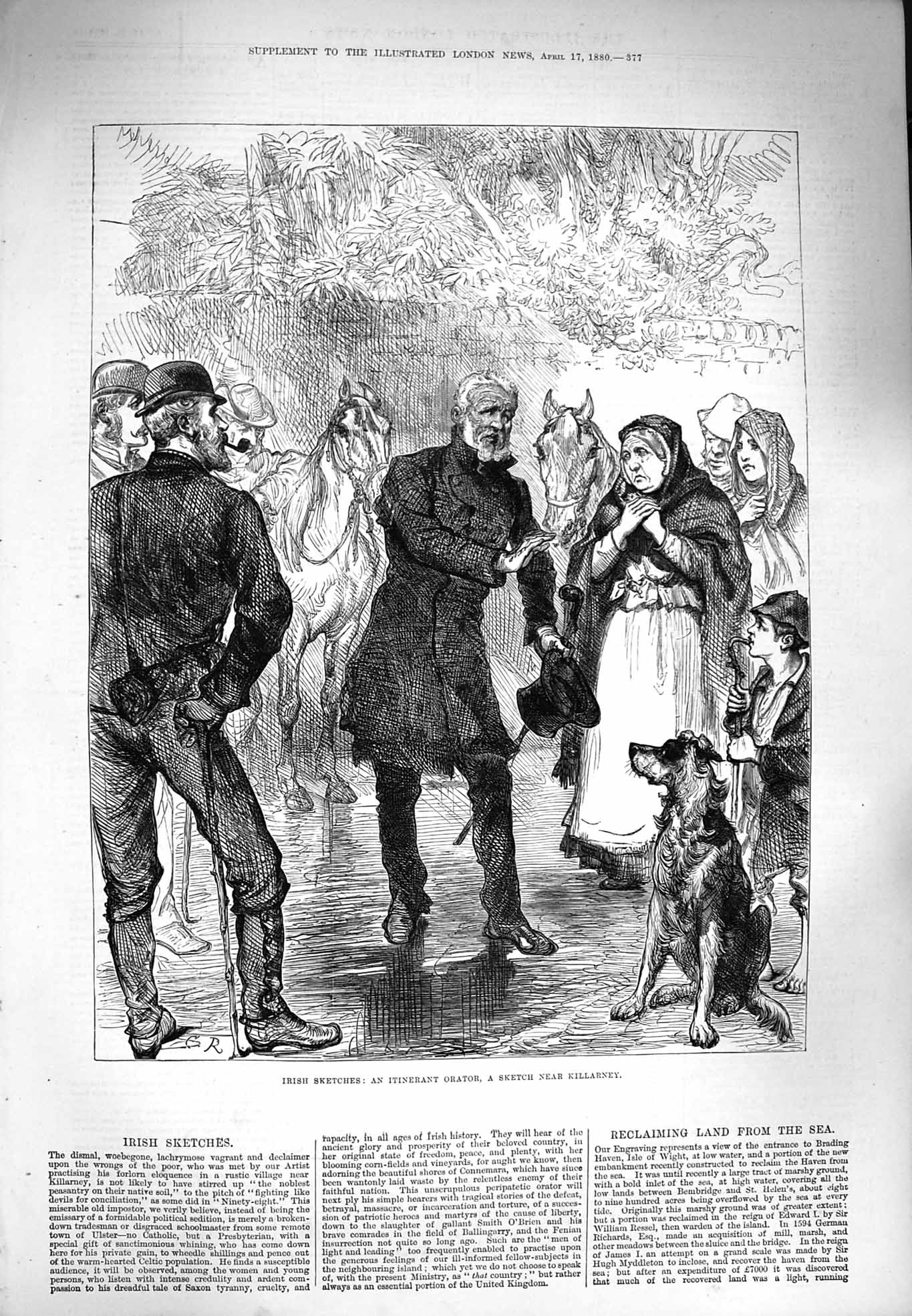 Original Old Antique Print 1880 Ireland Itinerant Orator Man Dog Killarney 19th