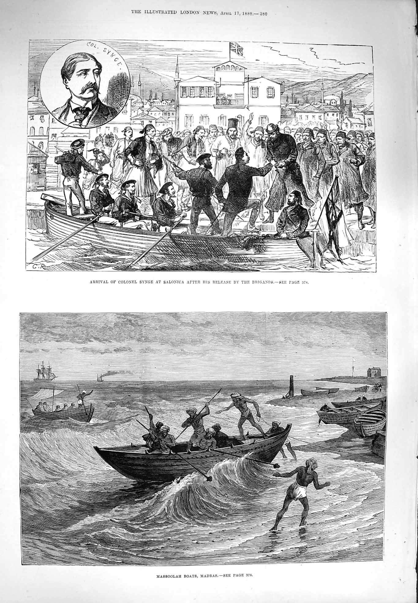 Original Old Antique Print 1880 Colonel Synge Salonica Massoolah Boats Madras