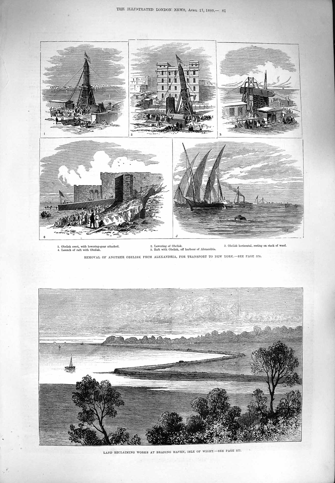Old Antique Print 1880 Brading Haven Isle Wight Obelisk Alexandria York 19th