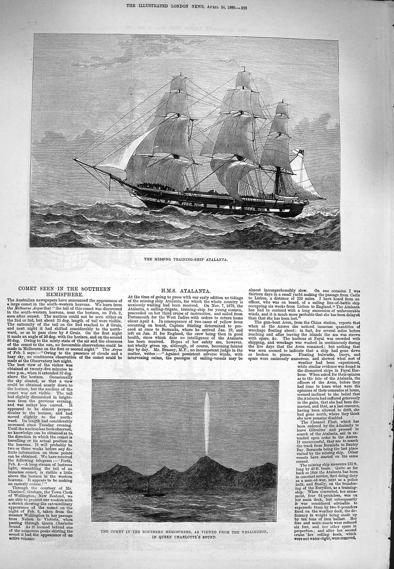 Old Antique Print 1880 Training Ship Atalanta Comet Wellington Charlotte 19th