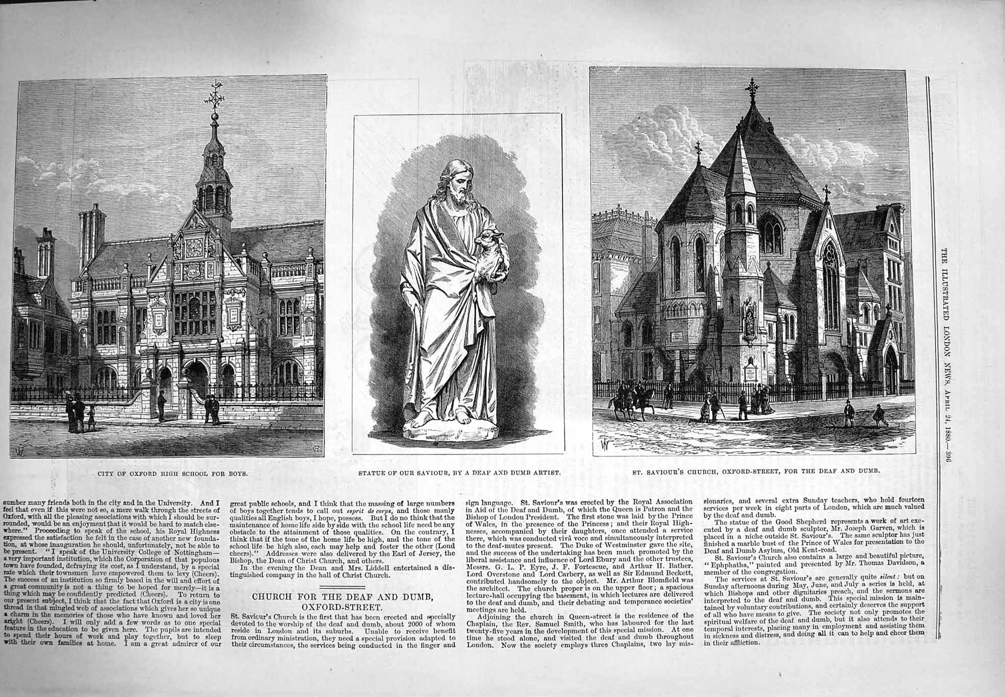 Original Old Antique Print 1880 Statue Saviour Oxford School Church Deaf Dumb