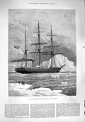 Original Old Antique Print 1880 Swedish Arctic Exploring Ship Vega Icebergs