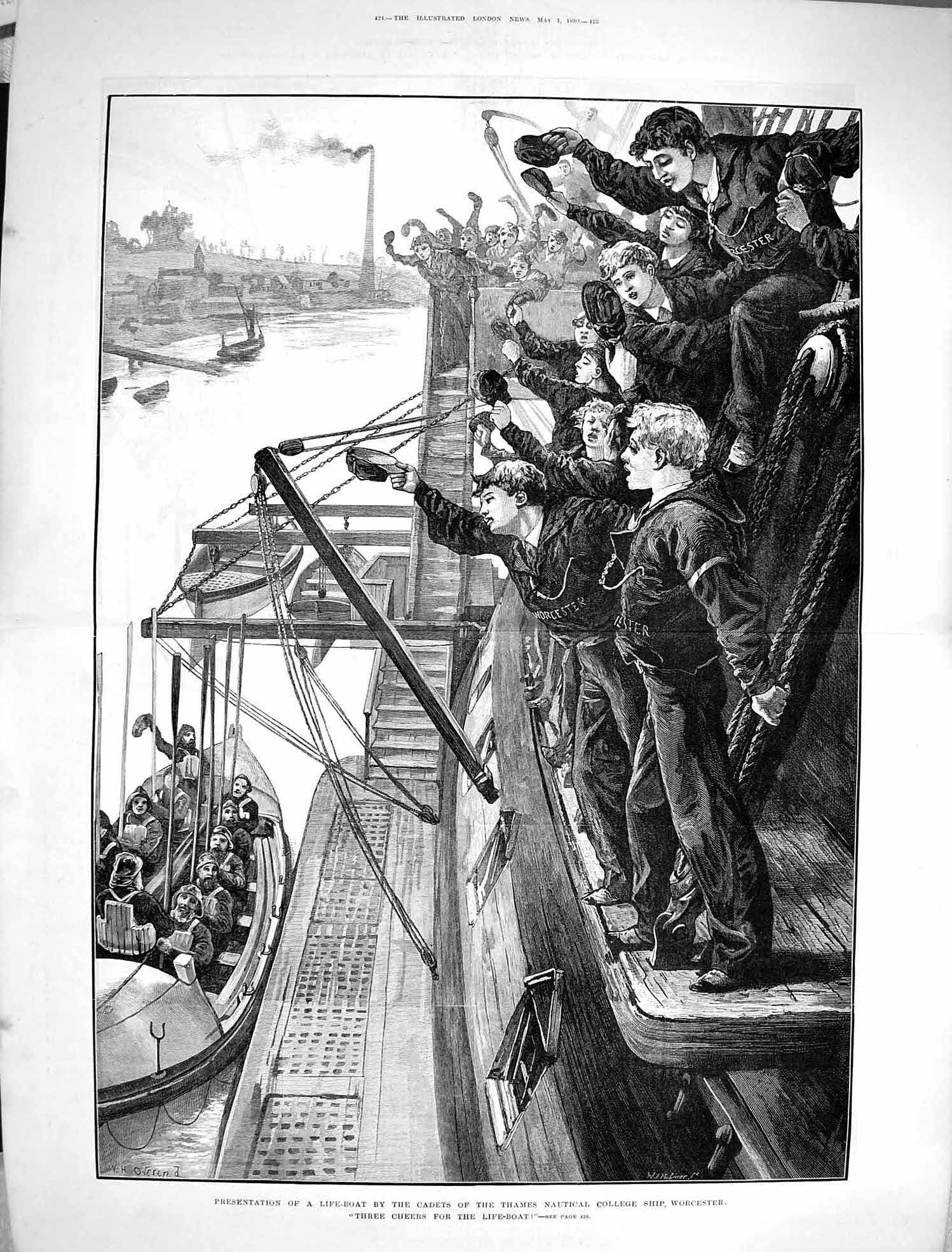 Original Old Antique Print 1880 Life-Boat Cadets Thames College Ship Worcester
