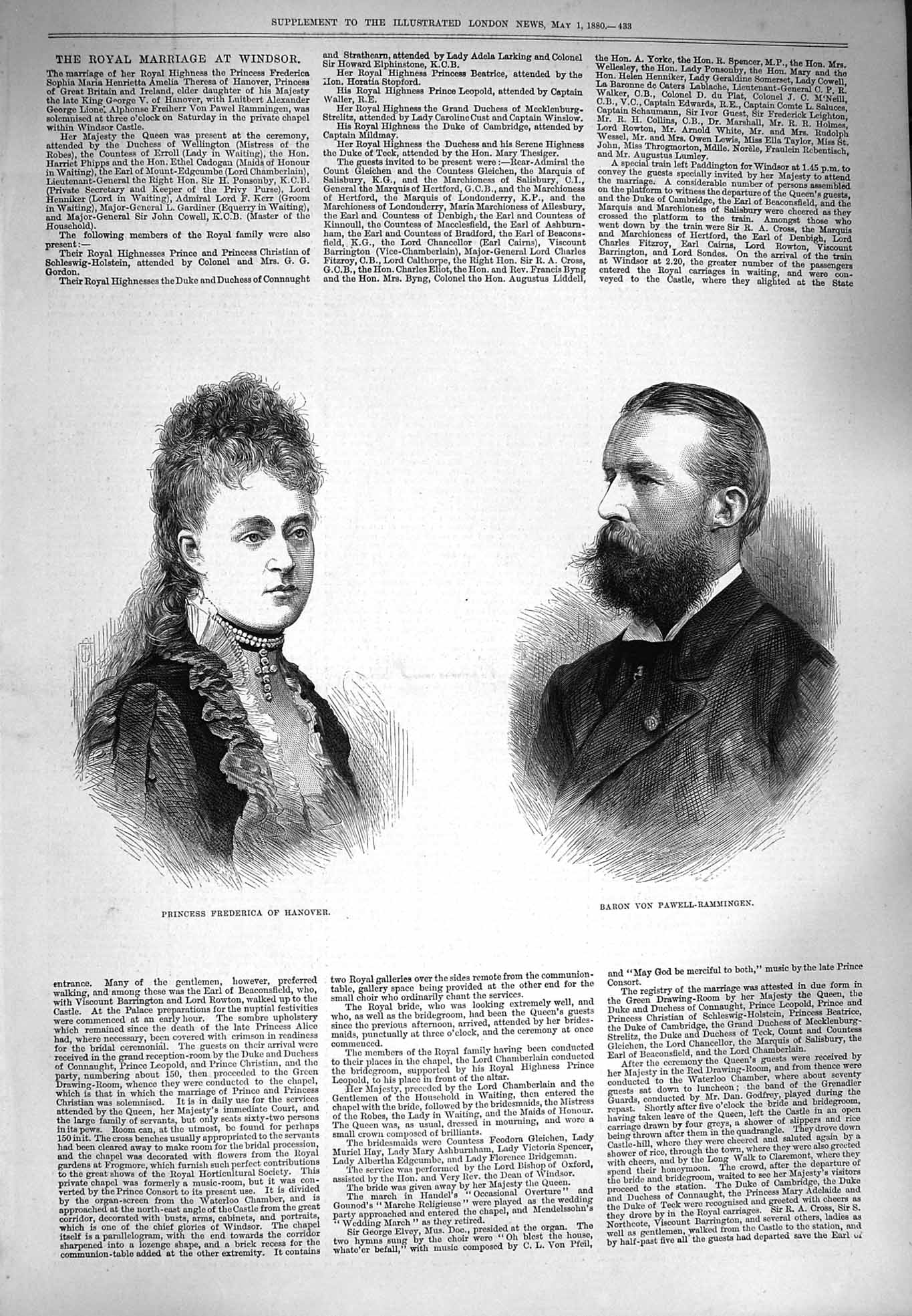 Old Antique Print 1880 Princess Frederica Hanover Baron Pawell-Rammingen 19th