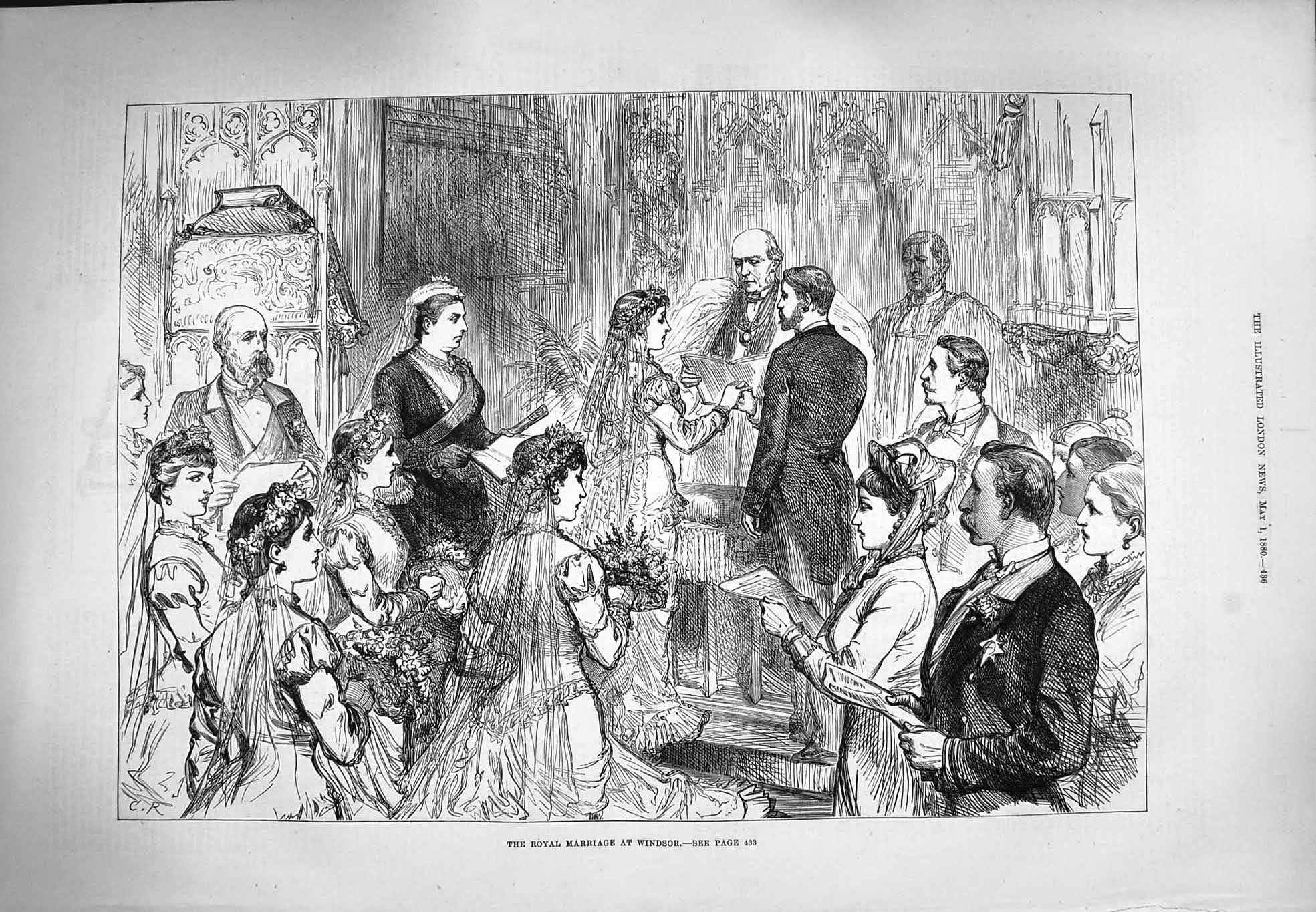 Original Old Antique Print 1880 Royal Marriage Wedding Windsor Bride Groom 19th