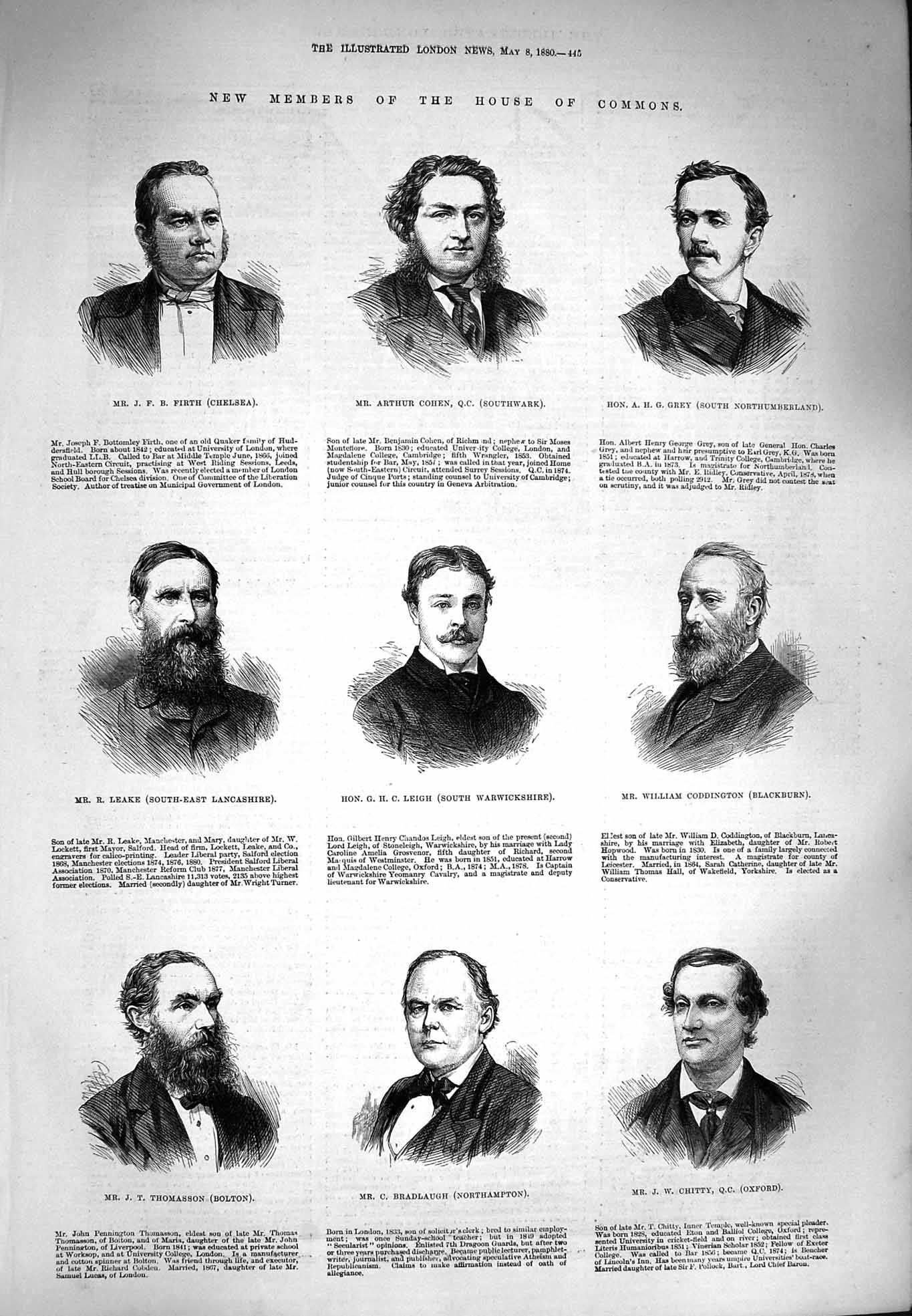 Old Antique Print 1880 House Commons Cohen Firth Leigh Leake Coddington 19th