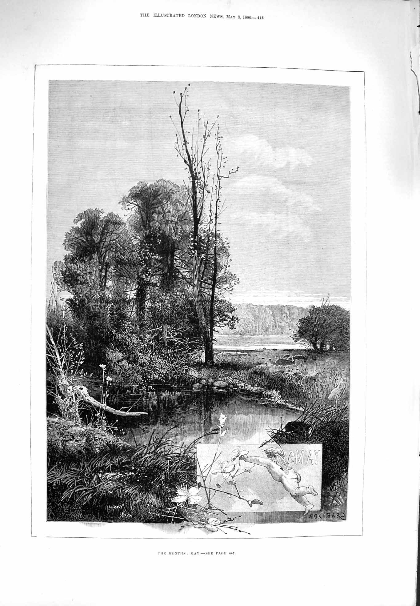 Original Old Antique Print 1880 May Scene Nature Trees River Montbard Fine Art