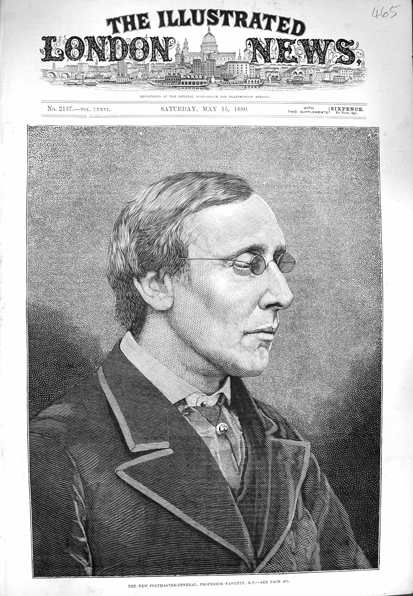Original Old Antique Print 1880 Portrait Postmaster-General Professor Fawcett