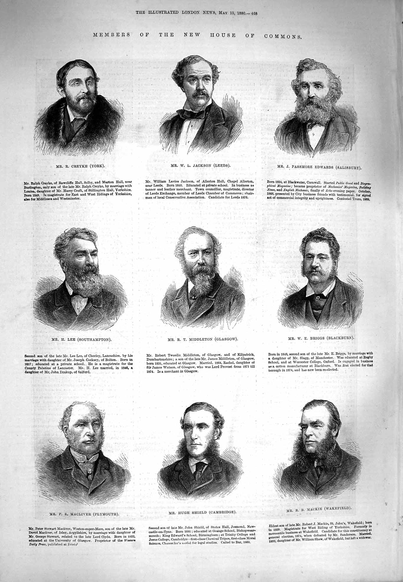 Original Old Antique Print 1880 House Commons Jackson Shield Lee Mackie Edwards