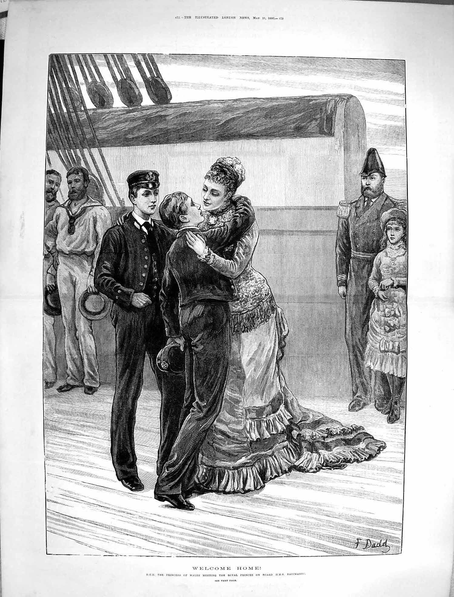 Original Old Antique Print 1880 Princess Wales Meeting Princes Ship Bacchante