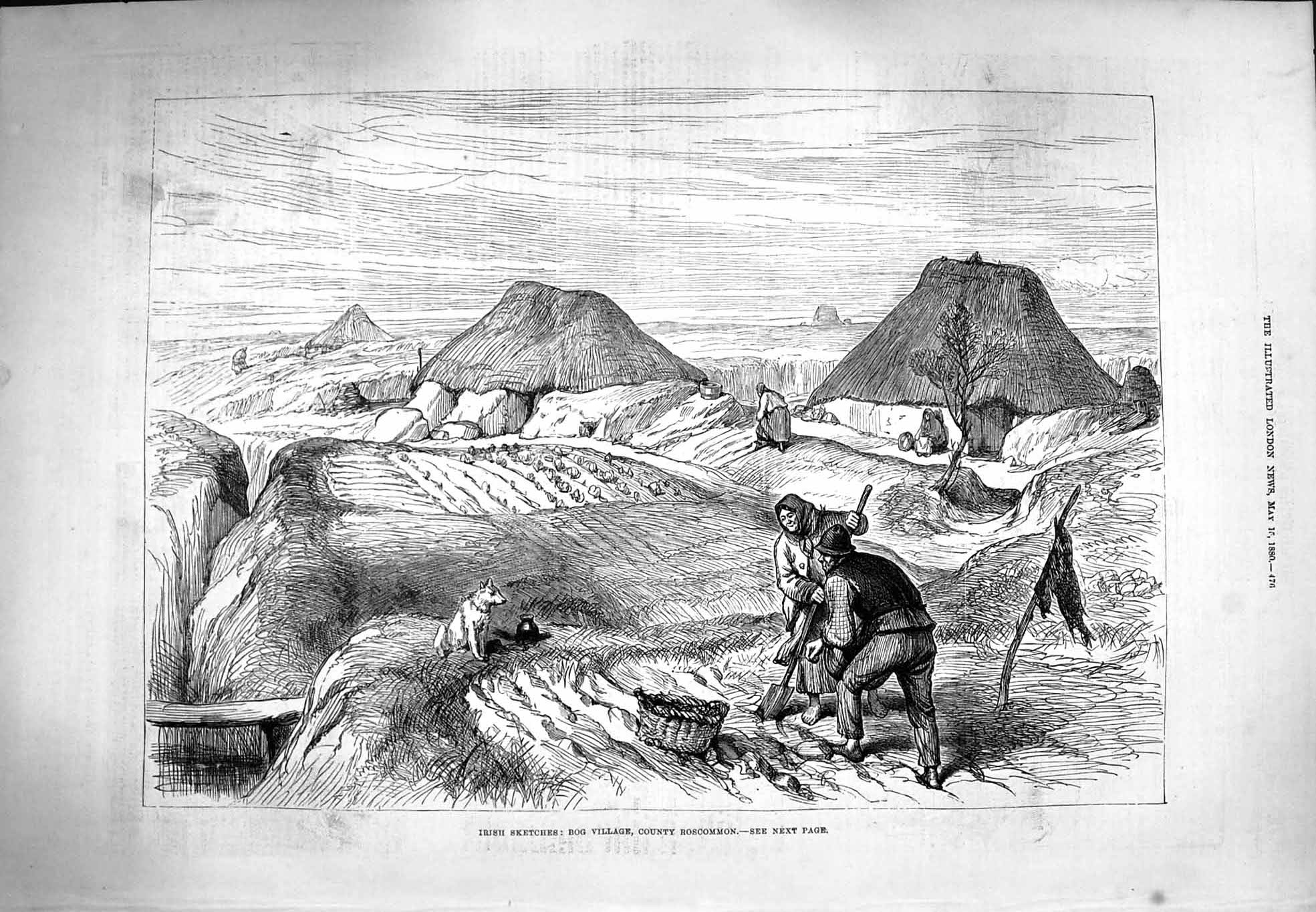 Original Old Antique Print 1880 Ireland Bog Village Roscommon Ballintuber 19th