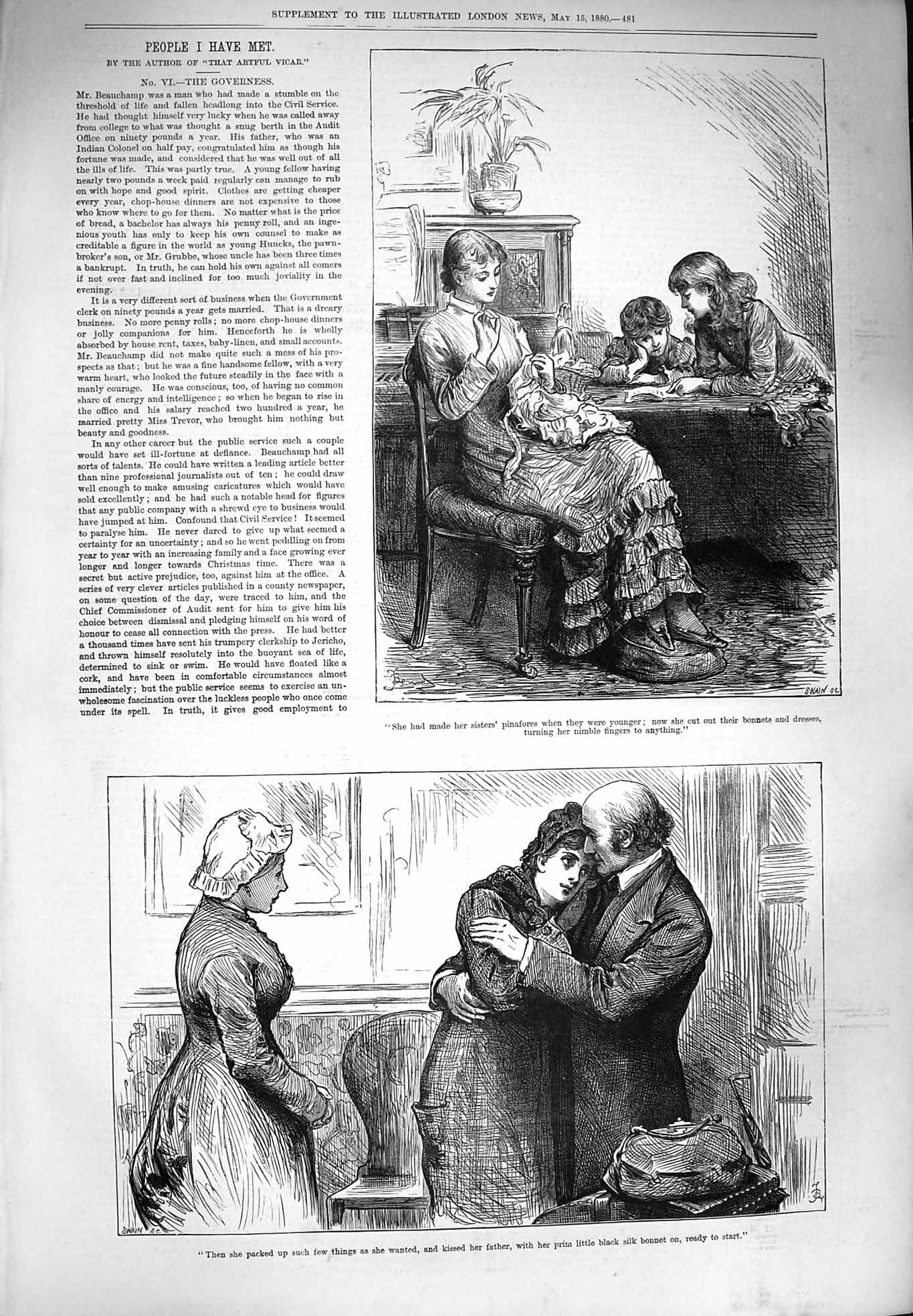 Original Old Antique Print 1880 Governess Children Man Lady Romance Peopl 19th