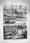 Original Old Antique Print 1880 Fur Trappers Backwoods Canada Hunting Deer Hut