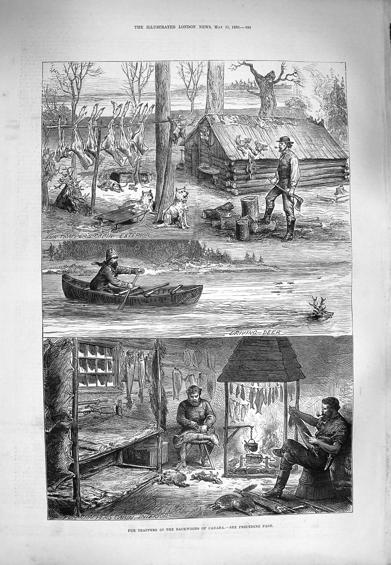 Original Old Antique Print 1880 Fur Trappers Backwoods Canada Hunting Deer Hut