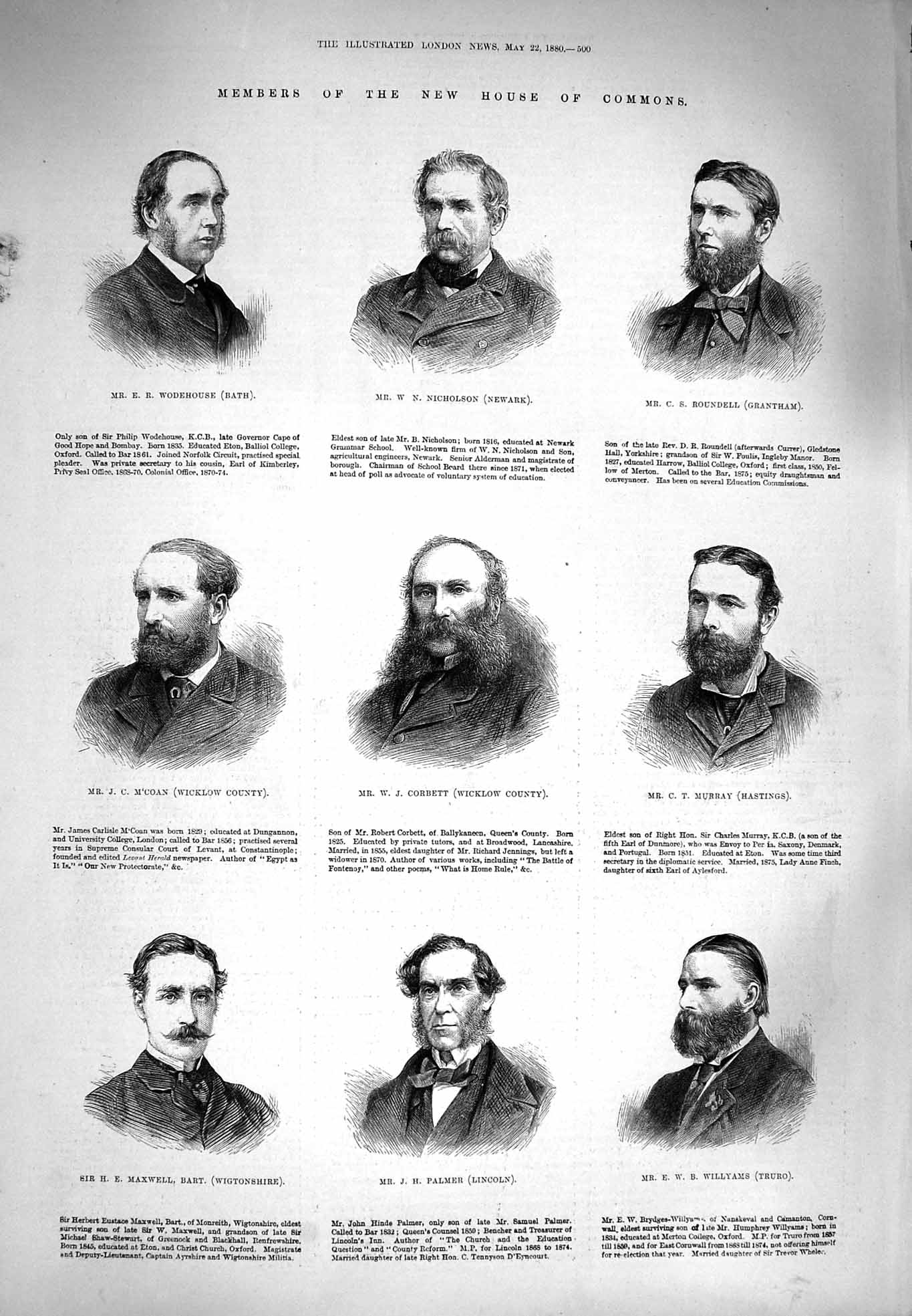 Old Antique Print 1880 House Commons Corbett Palmer Murray Carbutt Bevan 19th