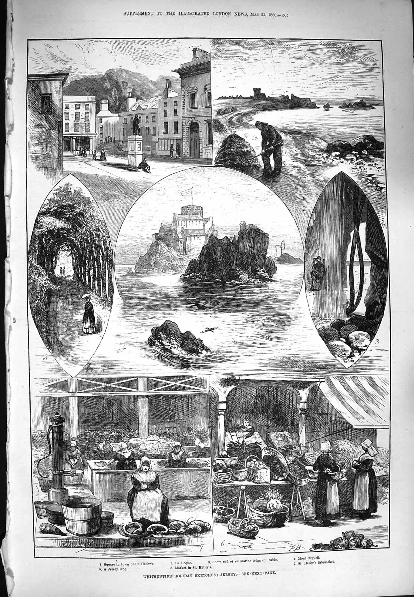 Original Old Antique Print 1880 Jersey St. Helier Roque Mont Orgueil Fishmarket