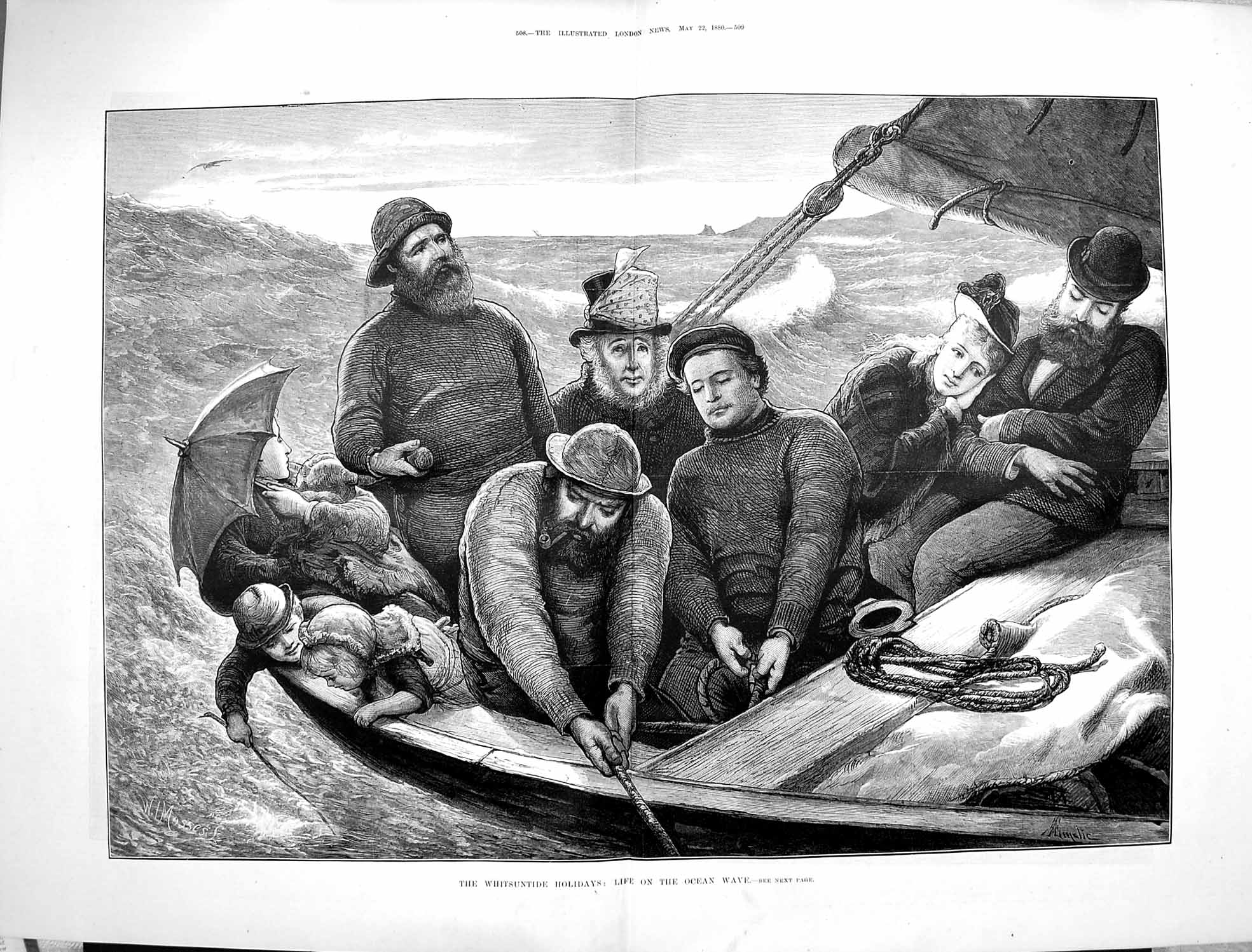 Old Antique Print 1880 Whitsuntide Holidays Ocean Wave Boat Passengers 19th