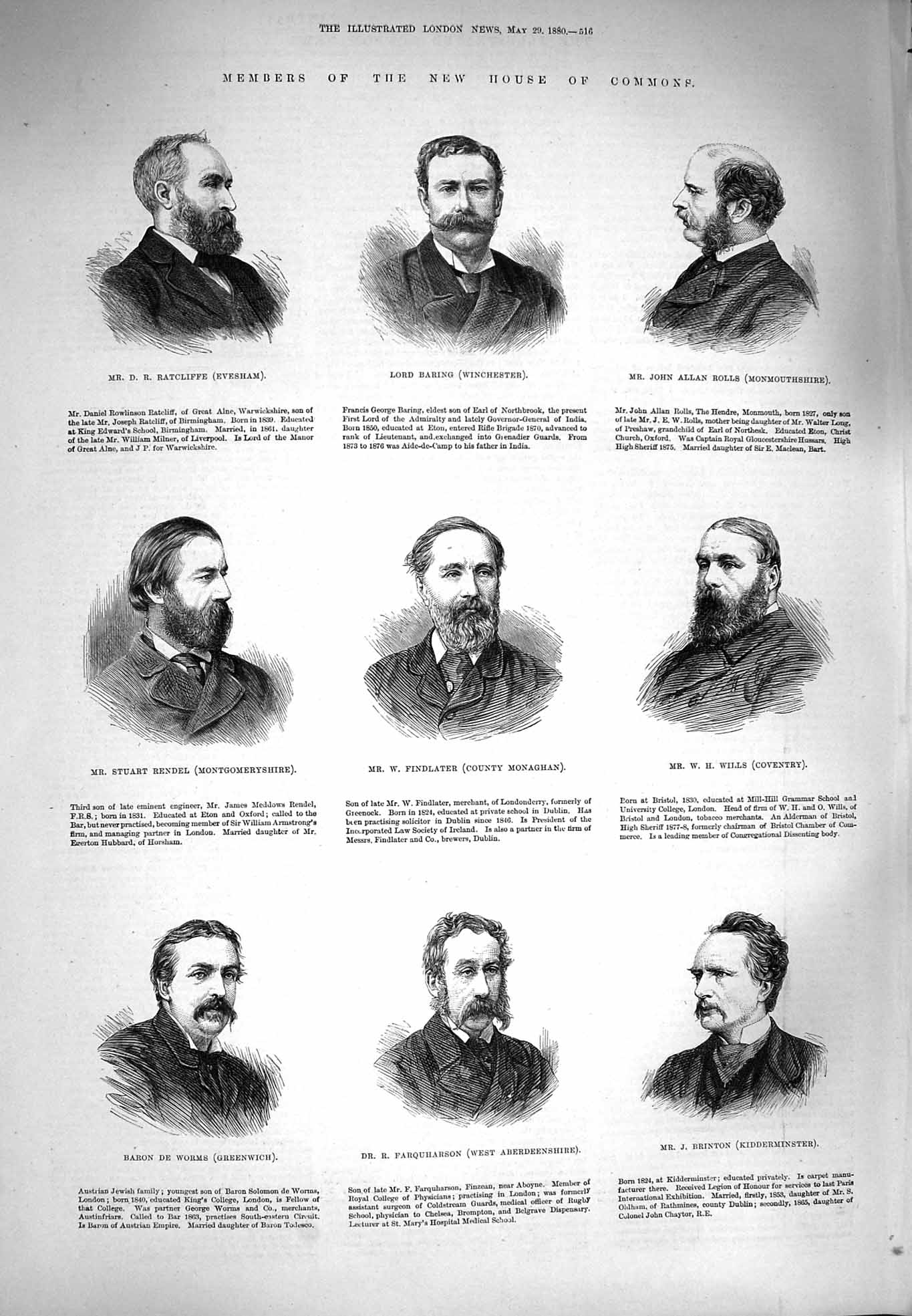 Old Antique Print 1880 House Commons Findlater Baring Spencer Pease Greer 19th