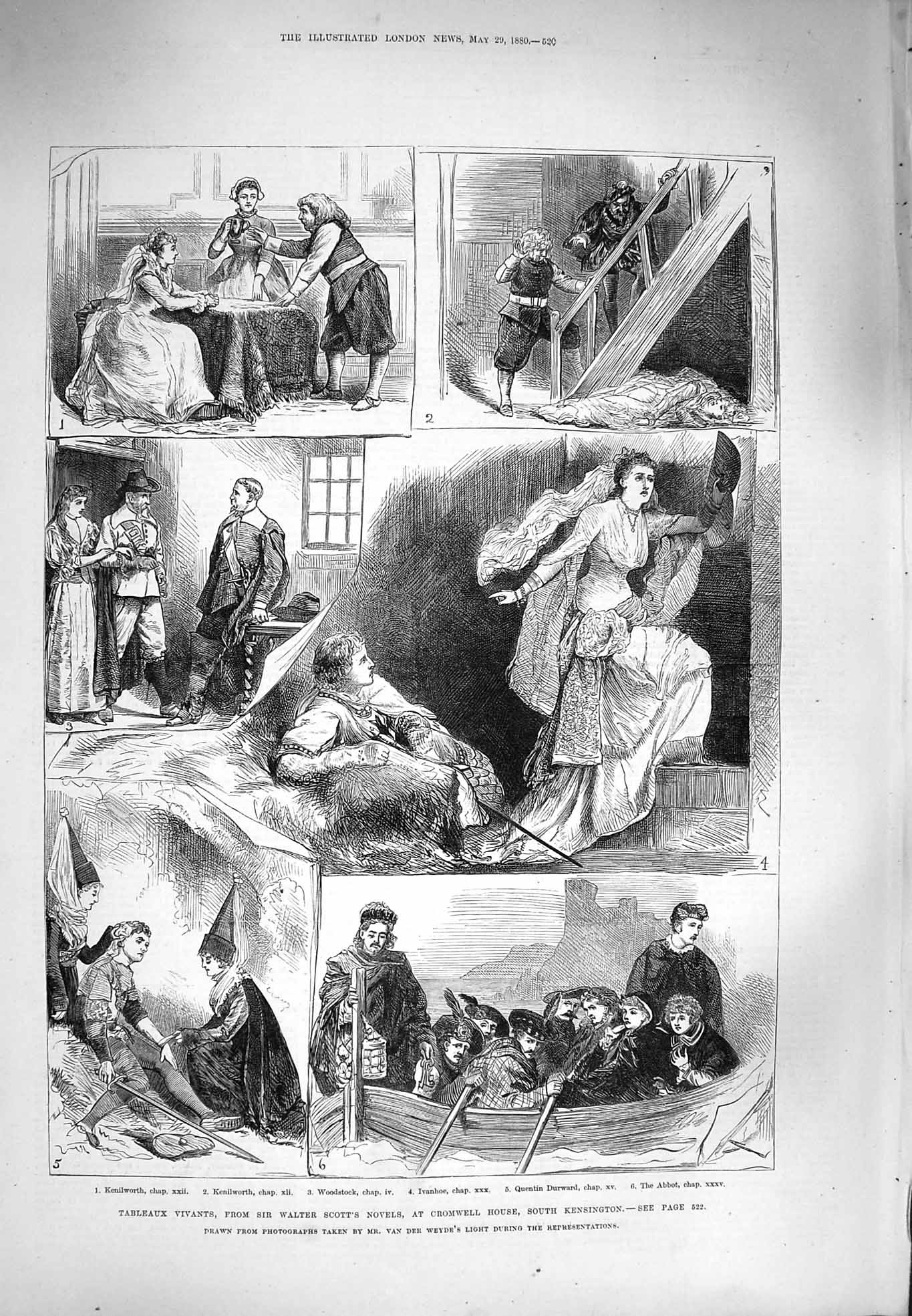 Old Antique Print 1880 Tableaux Vivants Walter Scott Cromwell Kensington 19th