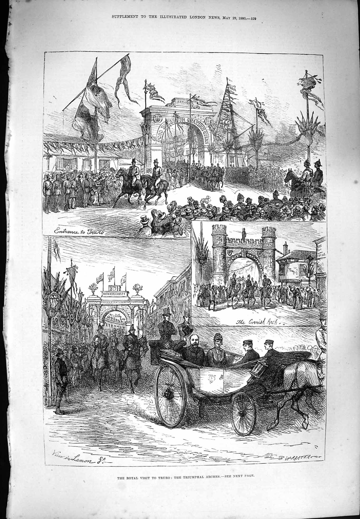 Original Old Antique Print 1880 Royal Visit Truro Triumphal Arches Lemon Street