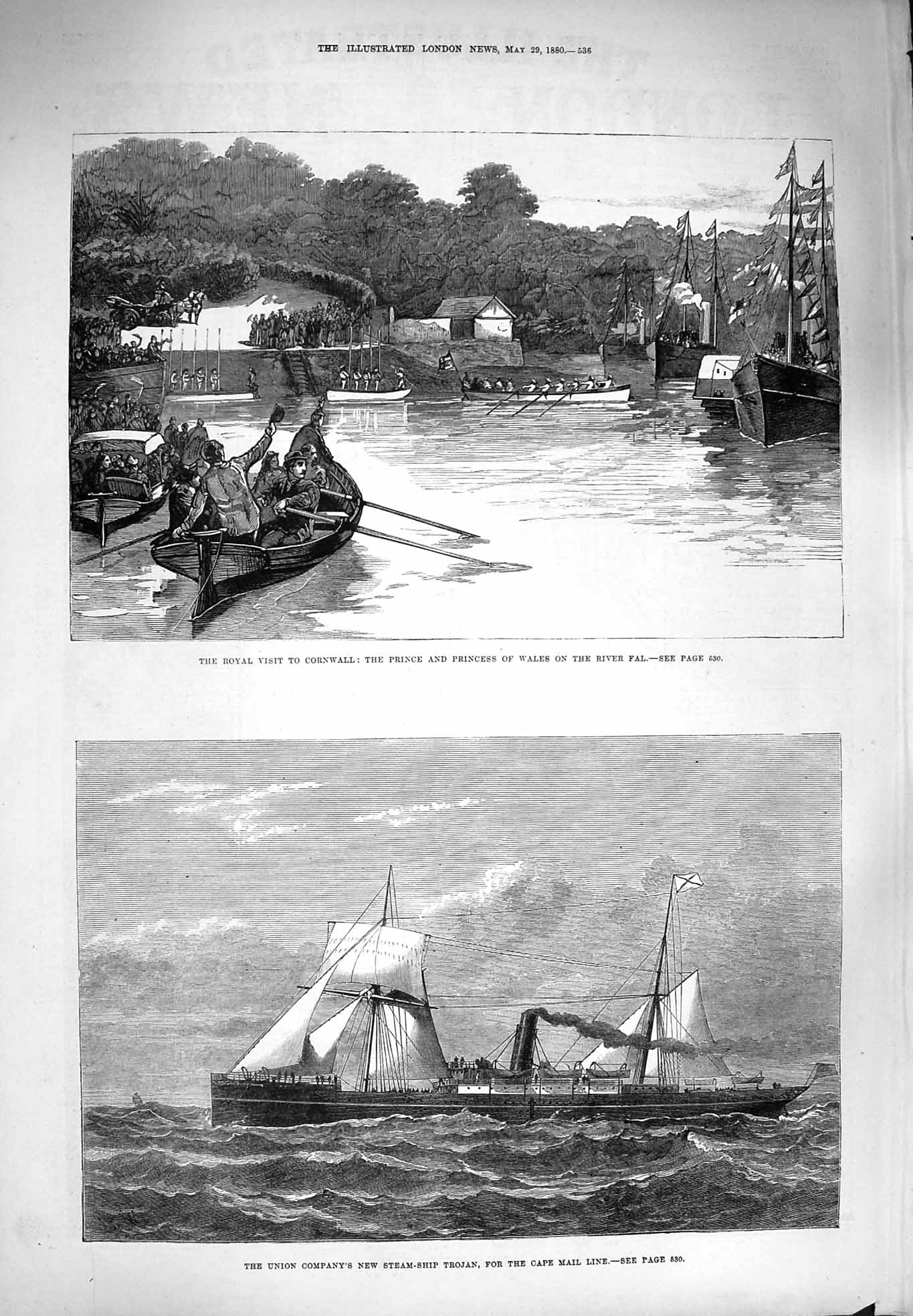 Old Antique Print 1880 Prince Wales Cornwall River Fal Steam Ship Trojan 19th