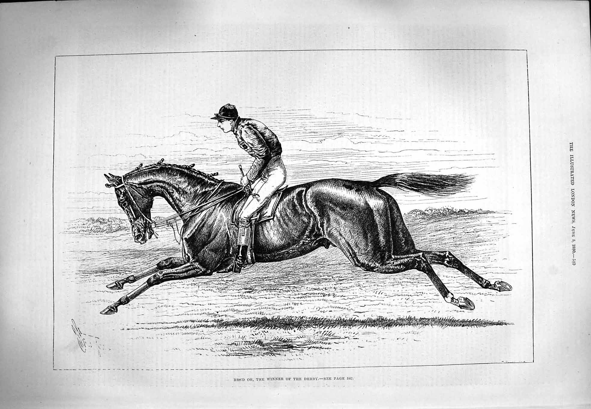Original Old Antique Print 1880 Horse Bend Winner Derby Horse Racing Sport 19th