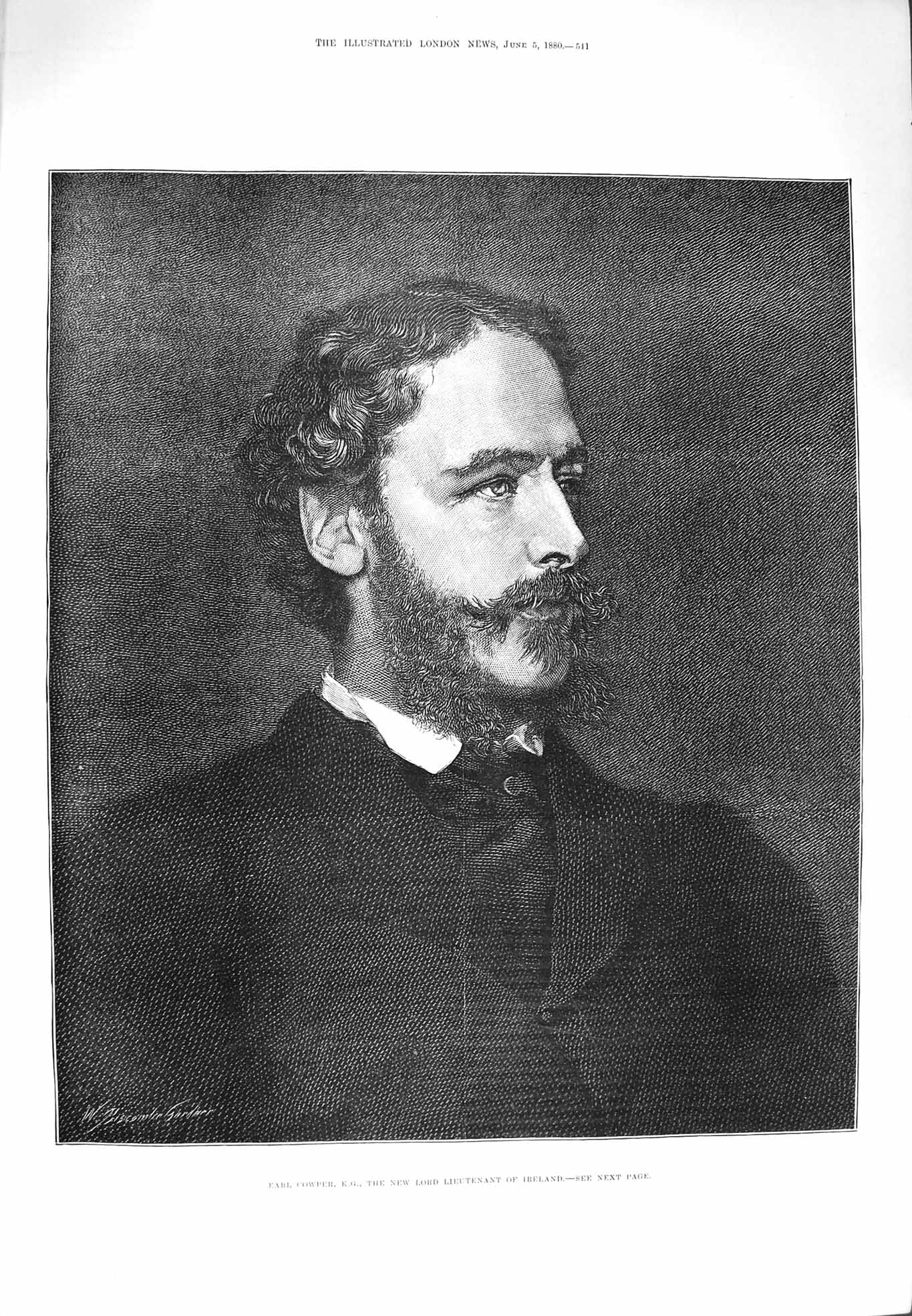Original Old Antique Print 1880 Portrait Earl Cowper Lord Lieutenant Ireland