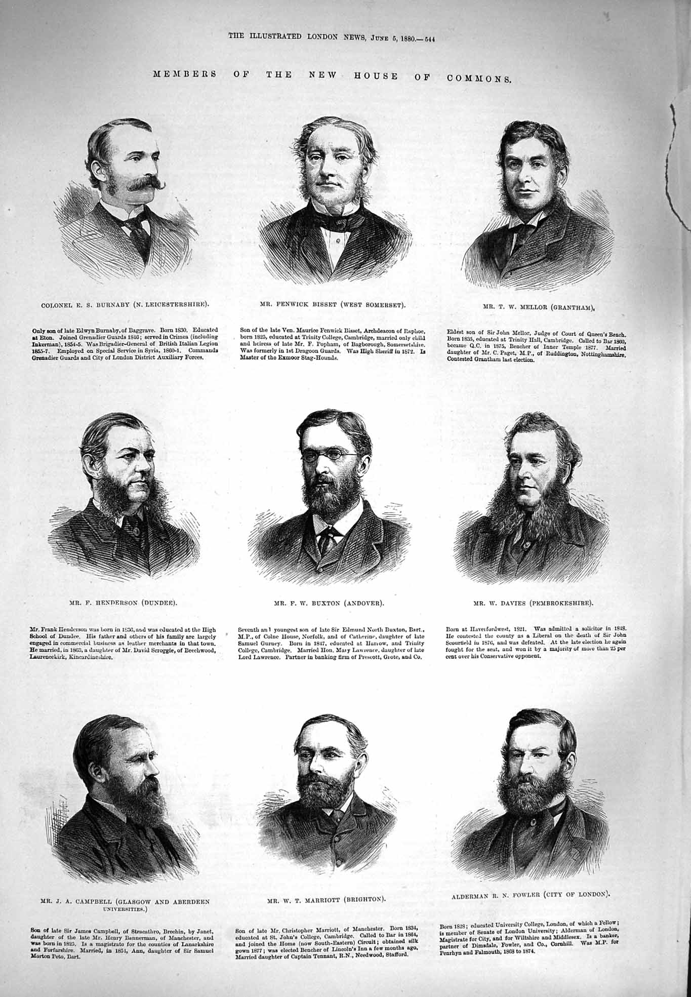Old Antique Print 1880 House Commons Bisset Buxton Marriott Fowler Davies 19th