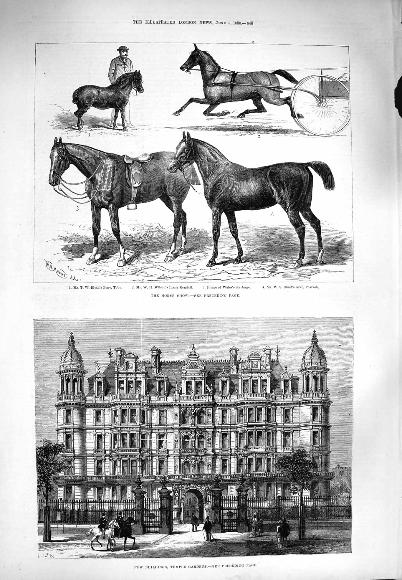 Old Antique Print 1880 Buildings Temple Gardens Horse Show Jarge Pharaoh 19th